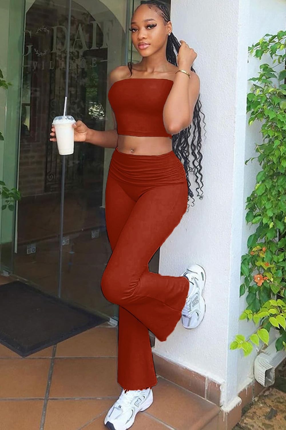 Sexy Donna 2 Pezzi Lounge Set Pigiama Abiti Casual Yoga Crop tubo Top Vita Alta Gamba Larga Foldover Pantaloni Flare