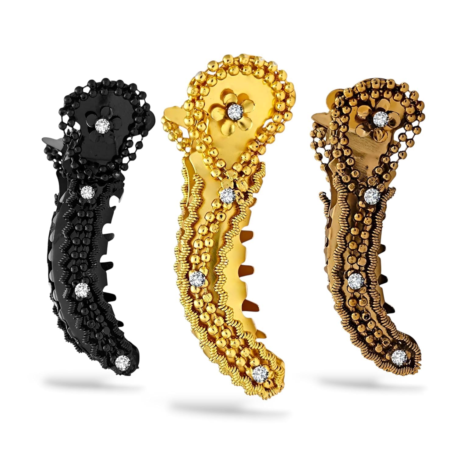 Pmw - Pack of 3 Medium Banana Hair Clip for Women | Metal Hair Accessories with Rhinestone Stones | Strong Grip & Stylish Korean Design - Random Model-image-47