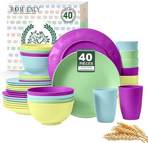 Miniatura 24 de Homienly Juego de vajilla premium de paja de trigo de 40 piezas, servicio para 8, juego de platos y cuencos irrompibles - juego de tazas, platos de