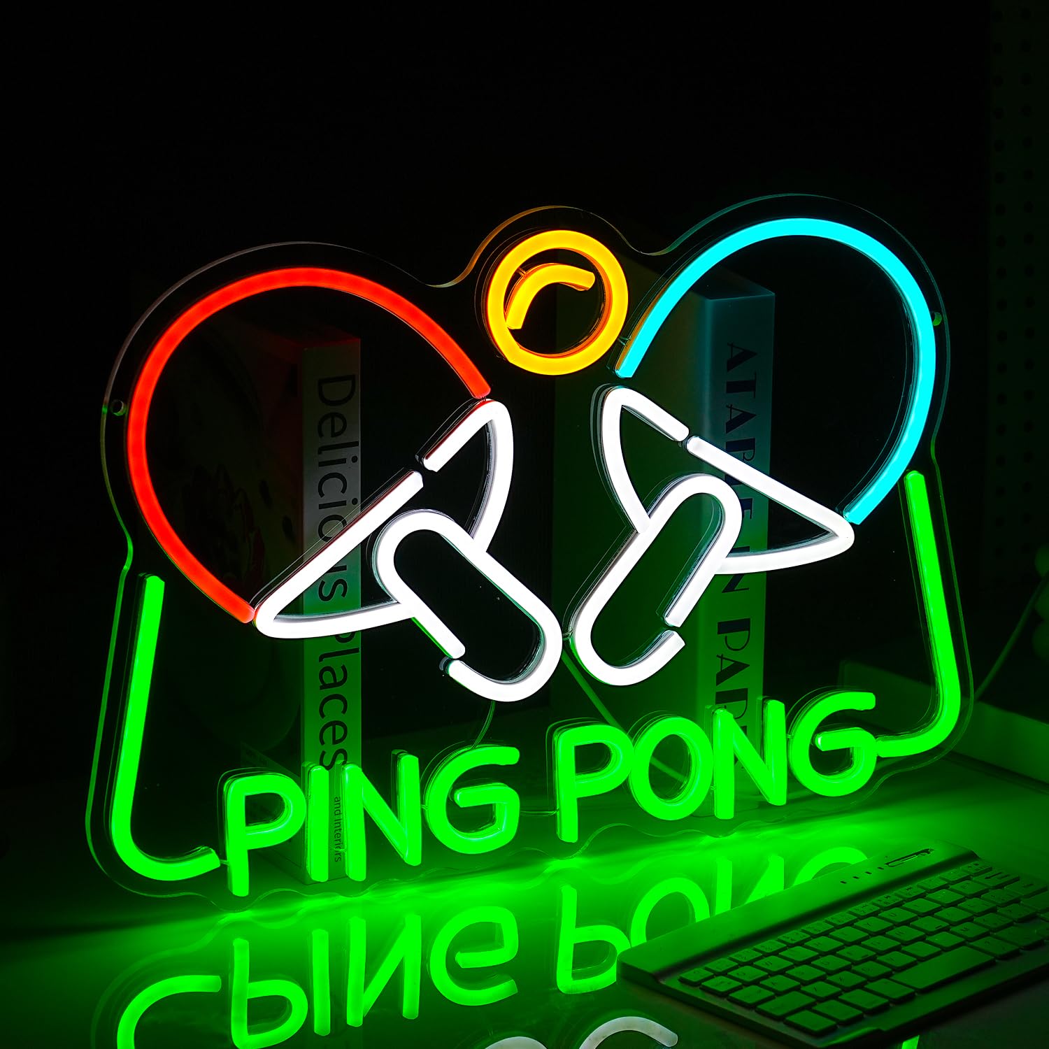 Ping Pong neonowy znak tenisa stołowego LED świecący znak do dekoracji ścian, 16,5 x 11,4 cala, ściemniana przez USB, neonowa lampa do ping ponga, na siłownię, do pokoju gier, sypialni,