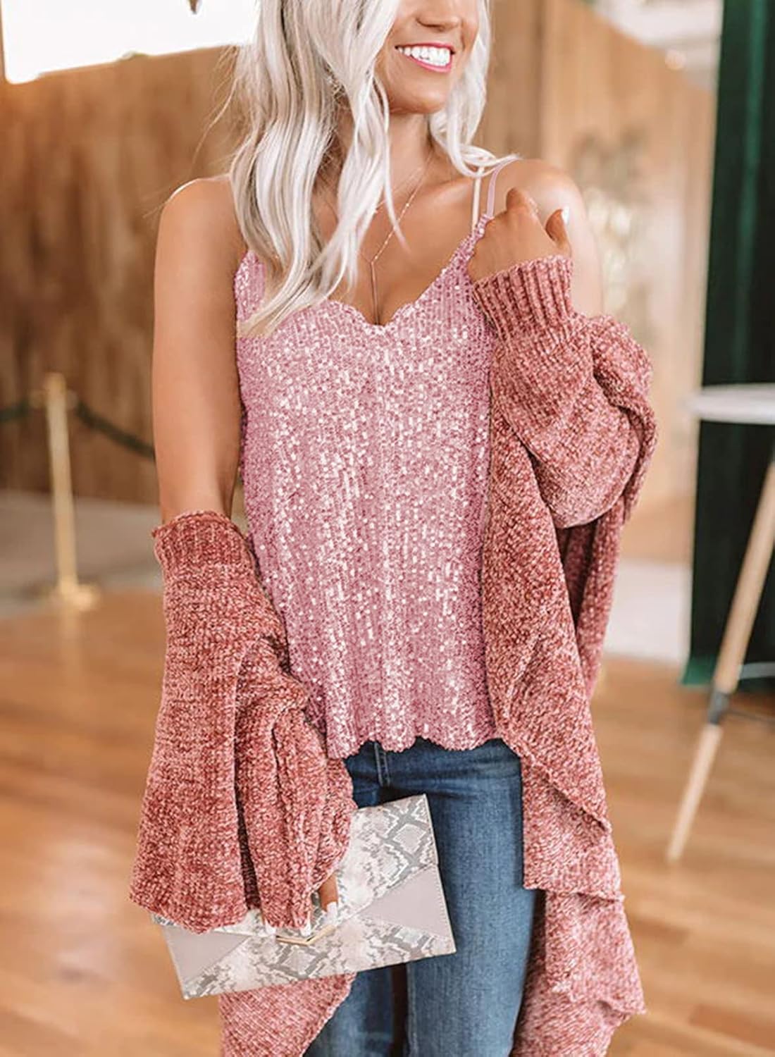 miduo Womens Tank Tops Casual Fashion V Neck Strappy Sequin Sparkle Shimmer Camisole Sleeveless Tanks Tops - Image 6