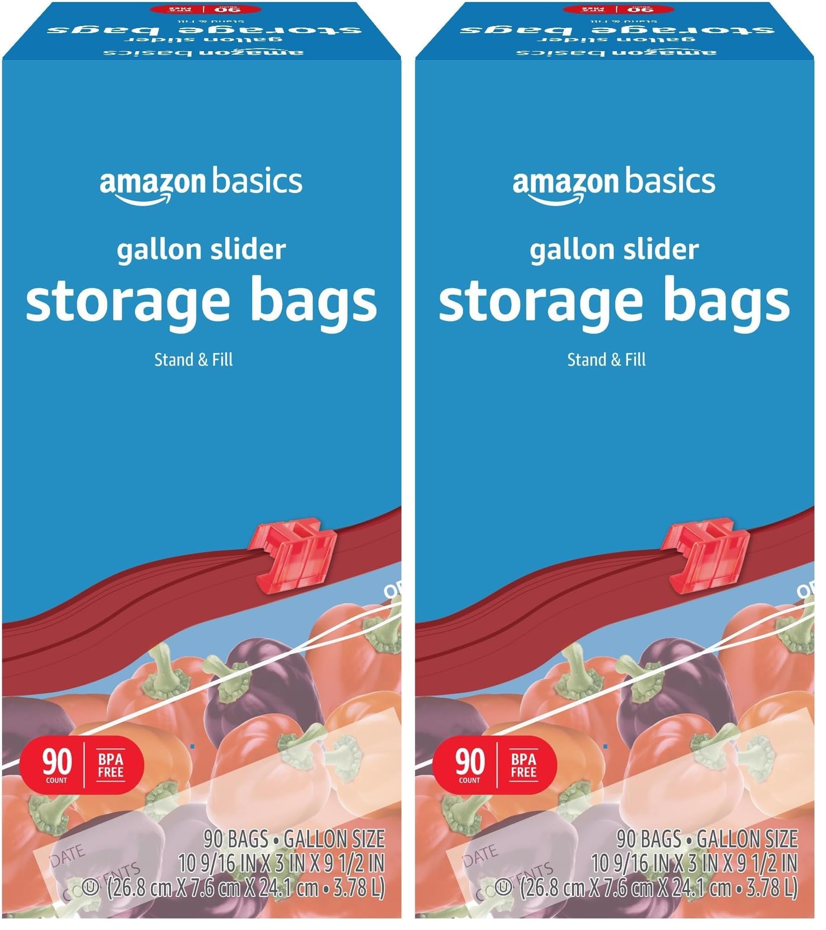 Amazon Basics Slider Gallon Food Storage Bags, BPA Free, Stand-Up Bottom, Easy to Fill, 90 Count (Pack of 2) - main product image