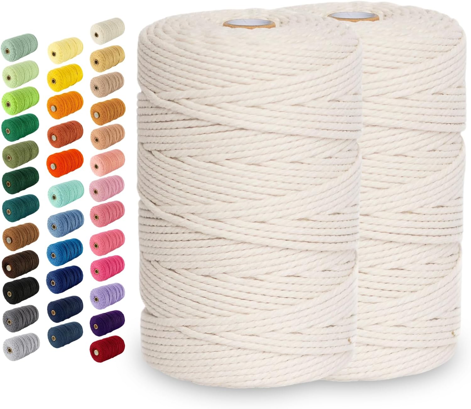 2 Pack Macrame Cord - 3mm 220 Yards Cotton Rope, 4mm 5mm Yarn, String for Crafts, Perfect for Macrame Wall Hanging and Boho Decorations (Cream)