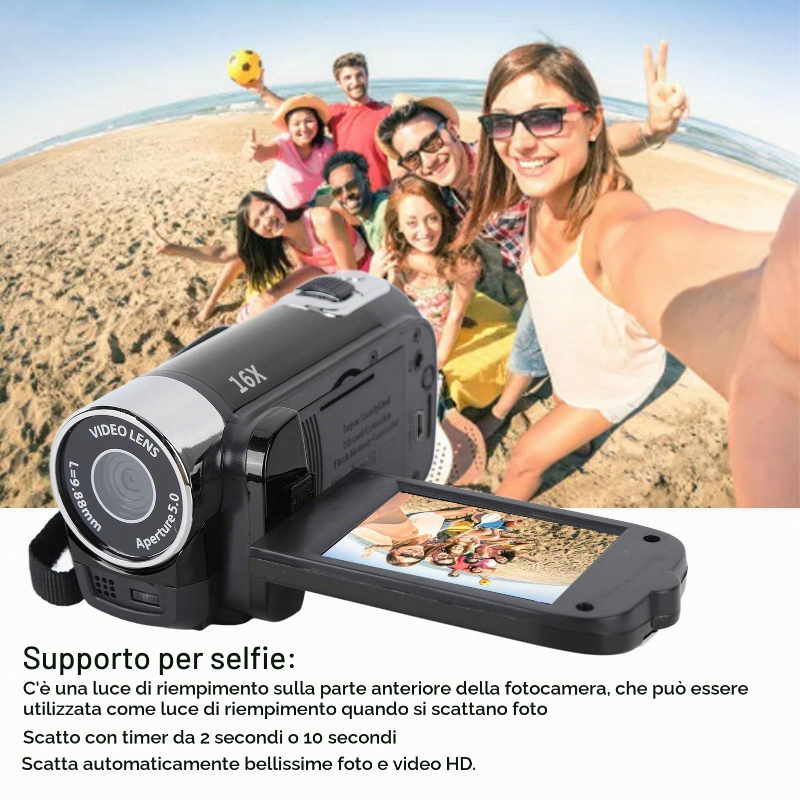 Ejoyous Camcorder Videocamera, 4K 48MP DV-Kamera Videocamera 2,7 Pollici Display TFT Girevole 16X Zoom Digitale Fotocamera Compatta con Cavo USB (BLACK)