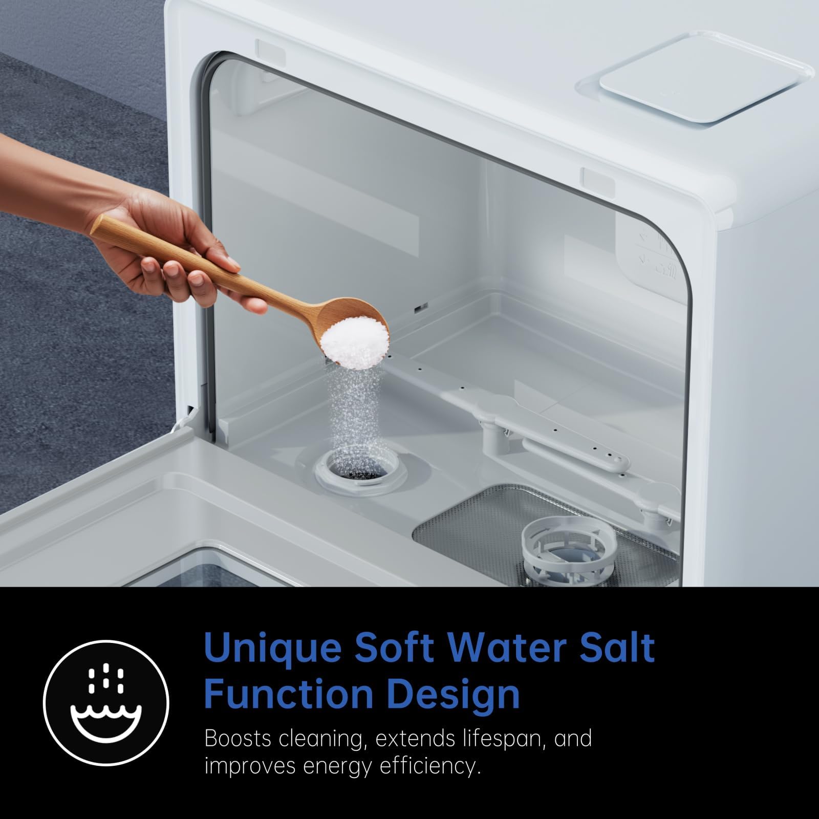 AIRMSEN 2025 NEW Upgraded Table Top Dishwasher with Soft Water Salt Function, Portable Countertop Dishwasher with 9 Programs & 5L Tank, 2-12H Delay Start & 360° Triple Spray Arms, White — view 4