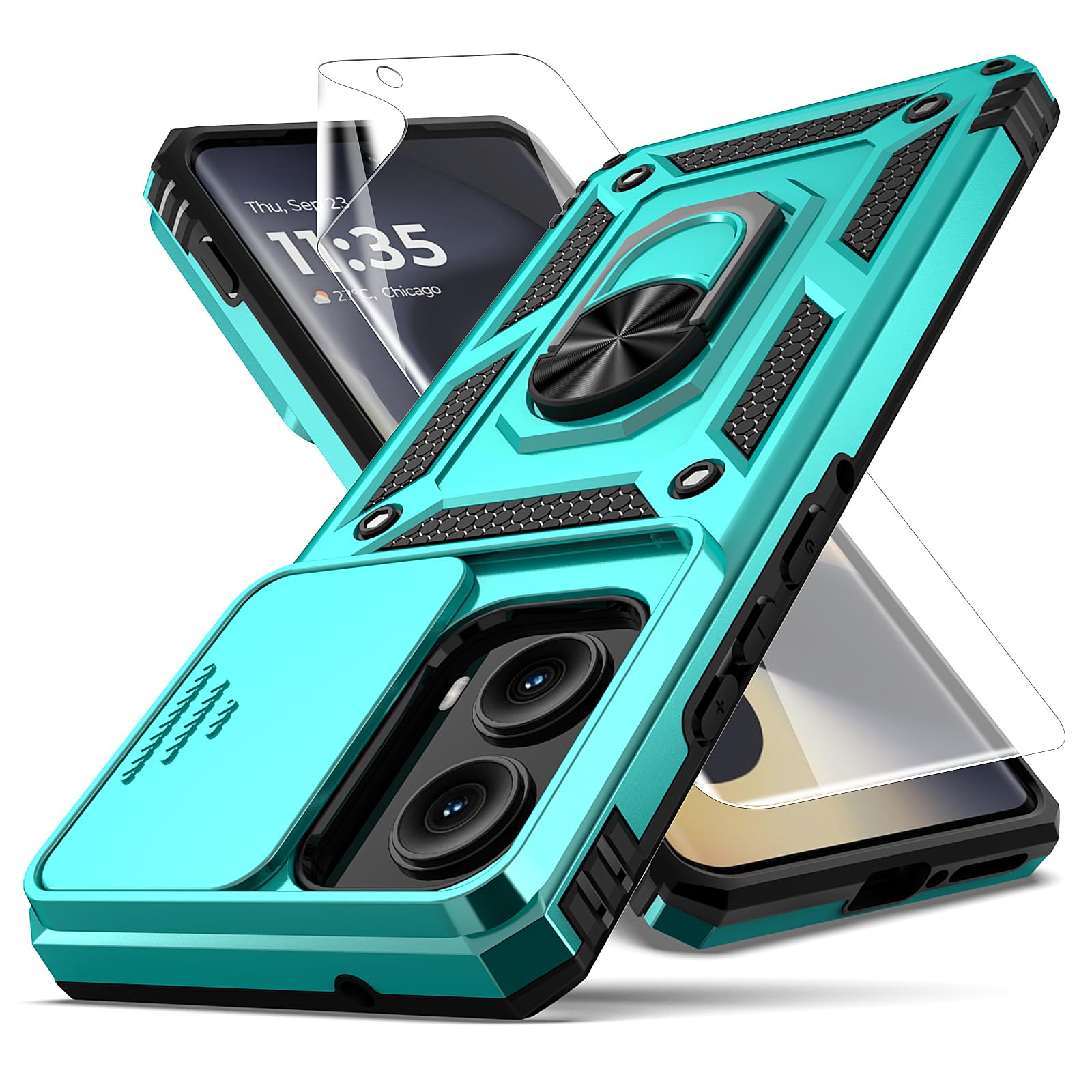 for Motorola Edge 2024 Case,with Camera Lens Cover HD Screen Protector,[Military Grade] Ring Car Mount Kickstand Hybrid Hard PC Soft TPU Shockproof