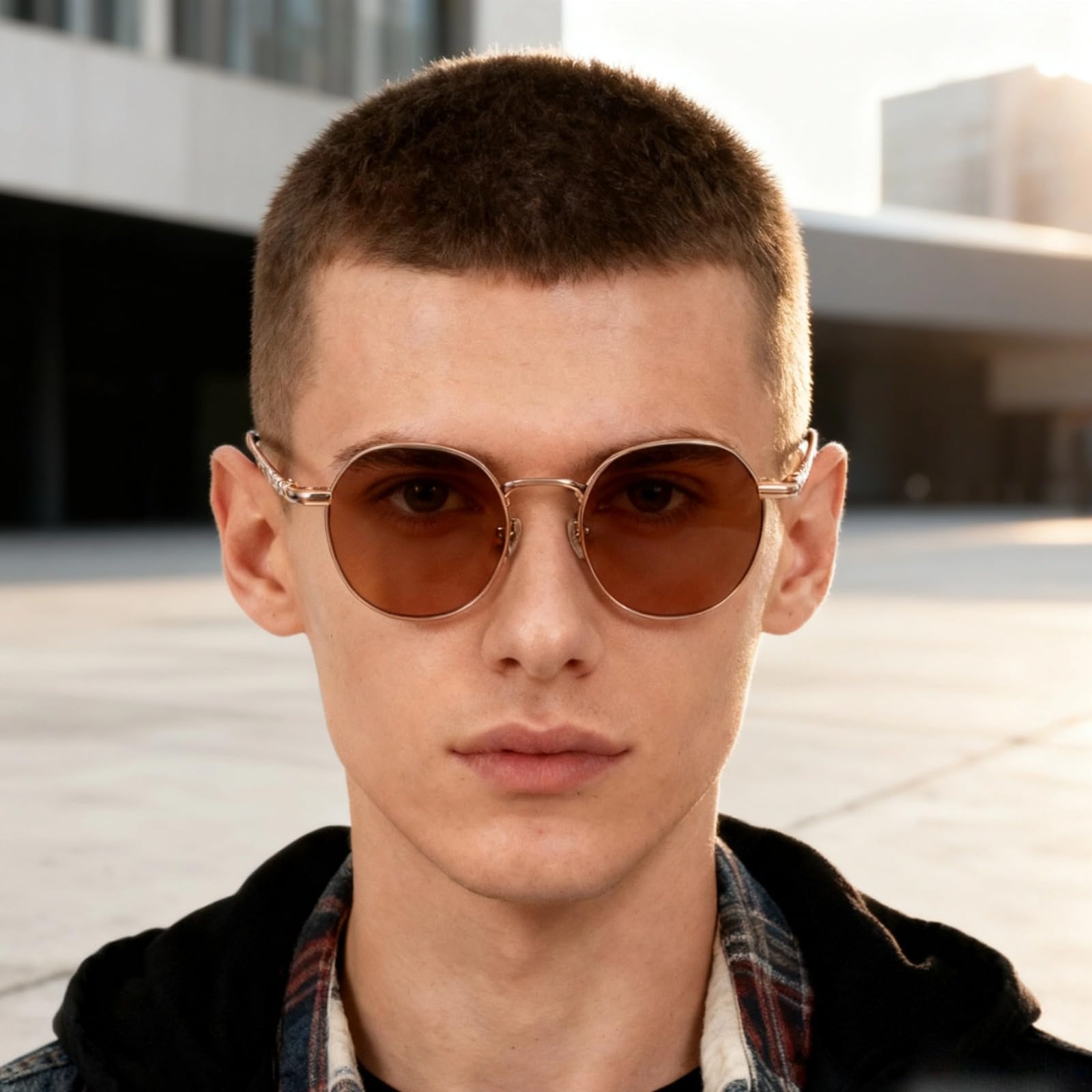 Okulary przeciwsłoneczne w kolorze herbaty w stylu retro z ramką w kolorze różowego złota z lekkiego tytanu i nylonu