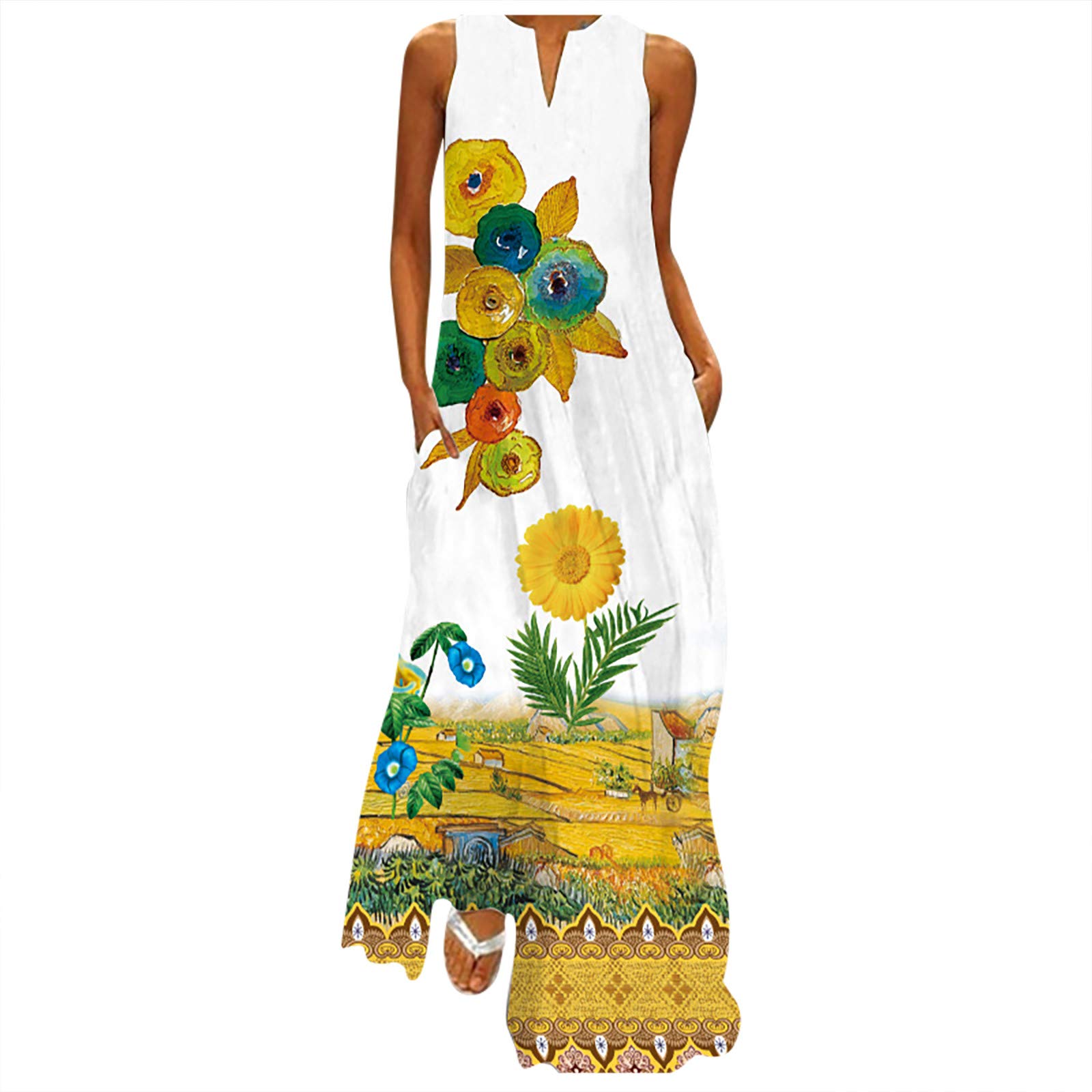 RYTEJFES Vestidos Playeros Mujer Verano Vestir 2023 Casual Vestido Playa Elegante Largos Boho Chic Vestido Camisero Midi Talla Grande Vestidos Playeros Sin Mangas Vestido Largo Vestidos Verano Flores