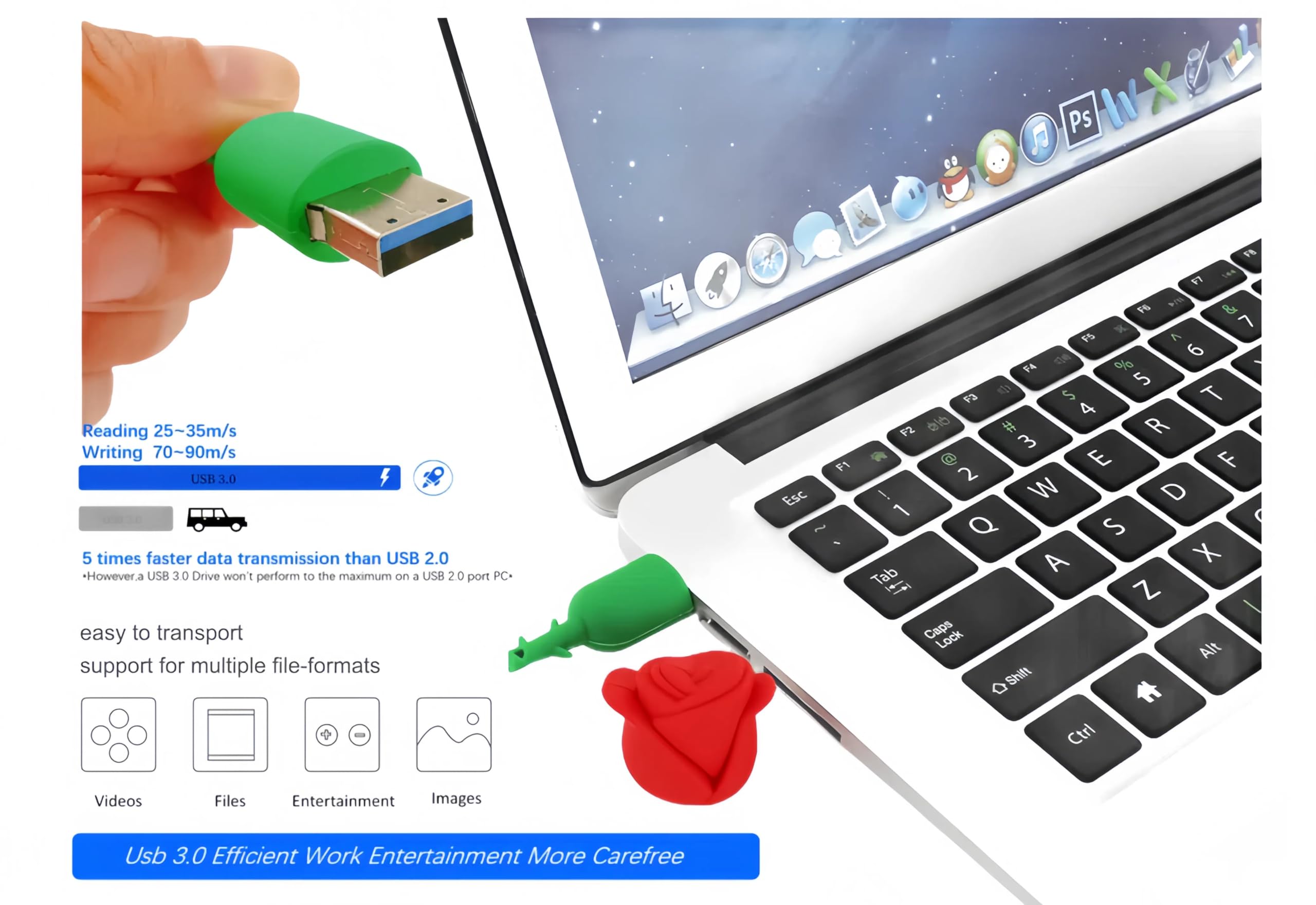 Chiavetta USB 3.0 Flash Drive, 128 GB, a forma di fiore rosso, ad alta velocità di trasferimento