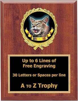 Trophies Bobcat Plaque Awards 7x9 Wood Mascot Trophy School Sports Free Engraving