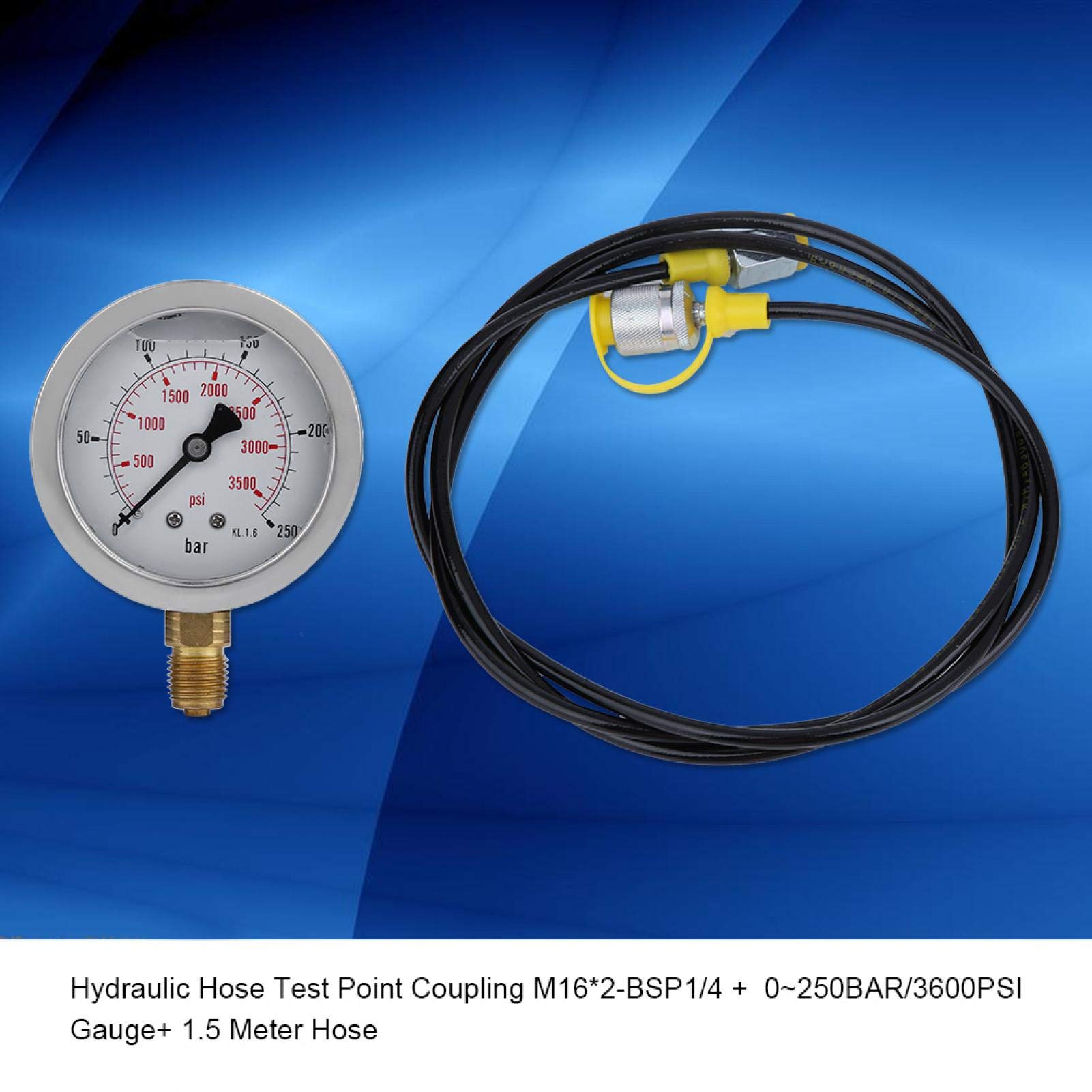 Misuratore di Pressione Idraulica Kit, Tester di Pressione Idraulica M16 * 2-bsp1/4 + 0~250BAR/3600psi 1.5 m Flessibile, Punto di Prova Tubo Idraulico Raccordo