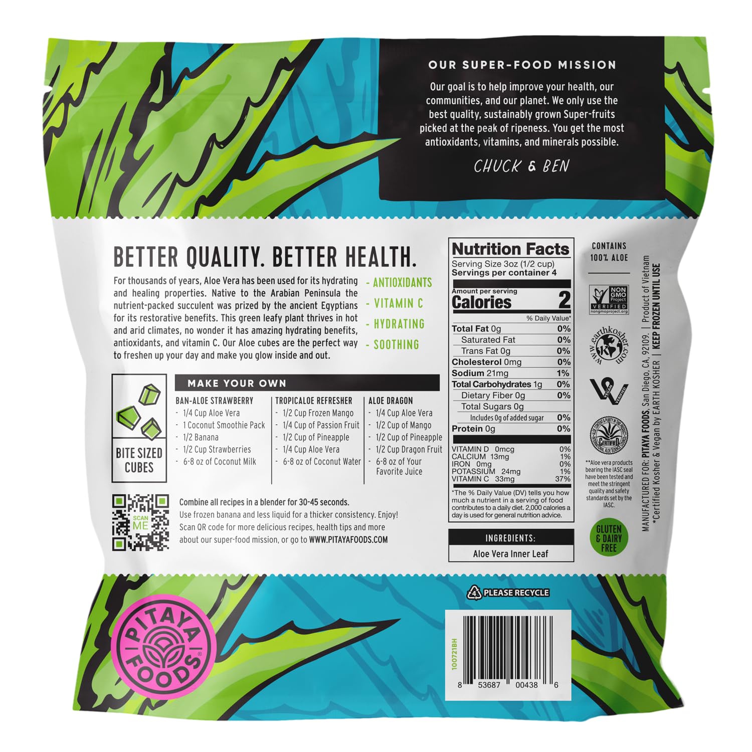 Pitaya Foods - Frozen Aloe Vera Bite-Sized Pieces, Pre-Packaged Frozen Aloe  Vera Inner Leaf Cubes, No Added Sugar or Preservatives, Good Source of  Vitamin C, Non-GMO (12 oz) | Grocery Pickup &