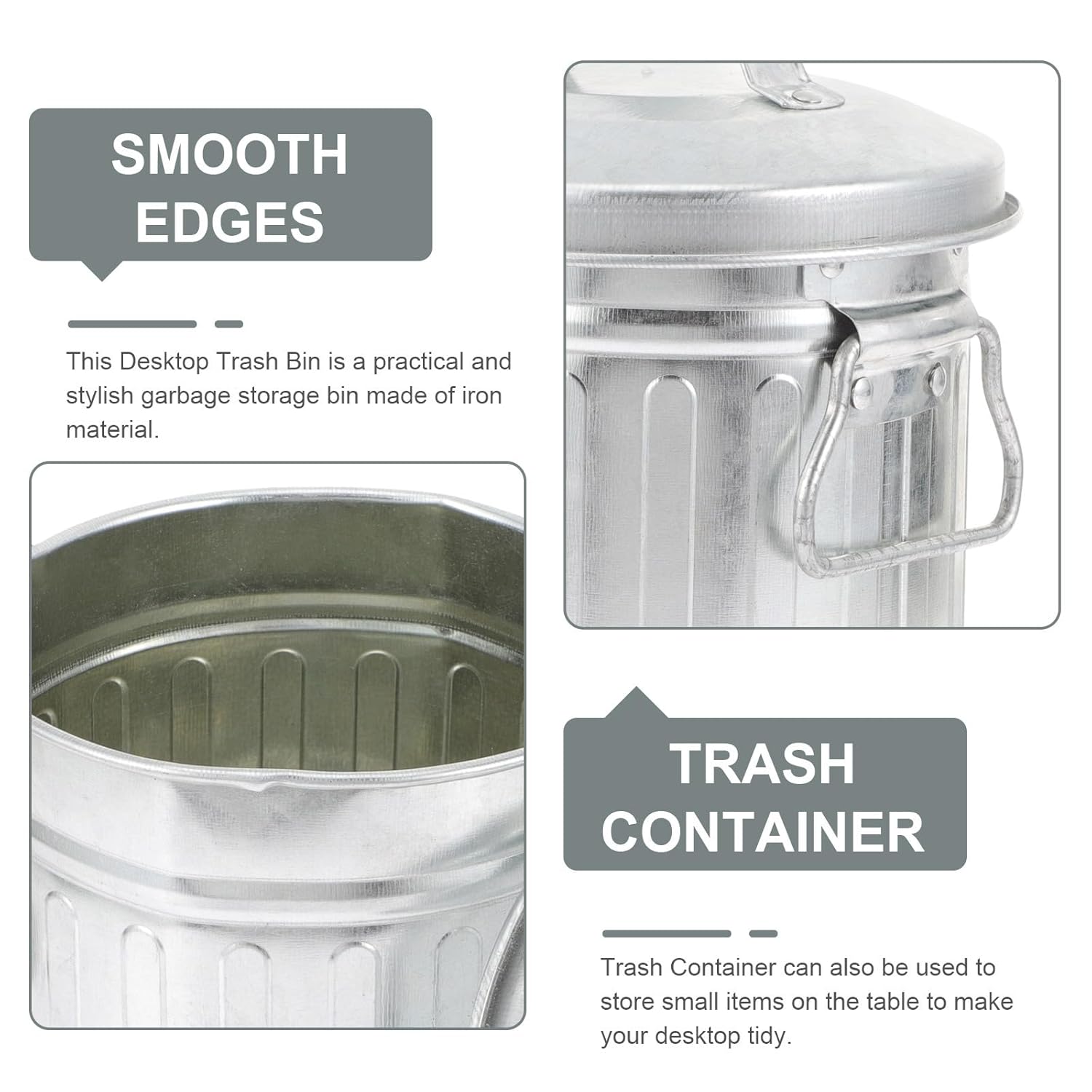 BESPORTBLE Galvanized Trash Can Mini Desktop Wastebasket with Lid and Handle Metal Table Flowerpot Countertop Trash Can Garbage Bin Rubbish Bucket Pencil Holder