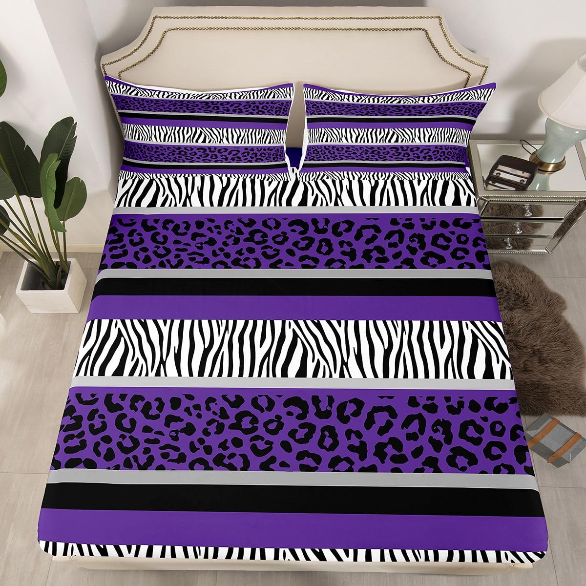 Leopard Print Fitted Sheet Zebra Stripes Bedding Set for Kids Boys Girls Teens Purple Black White Zebra Leopard Fur Sheet Sets Safari Animal Hair Bed