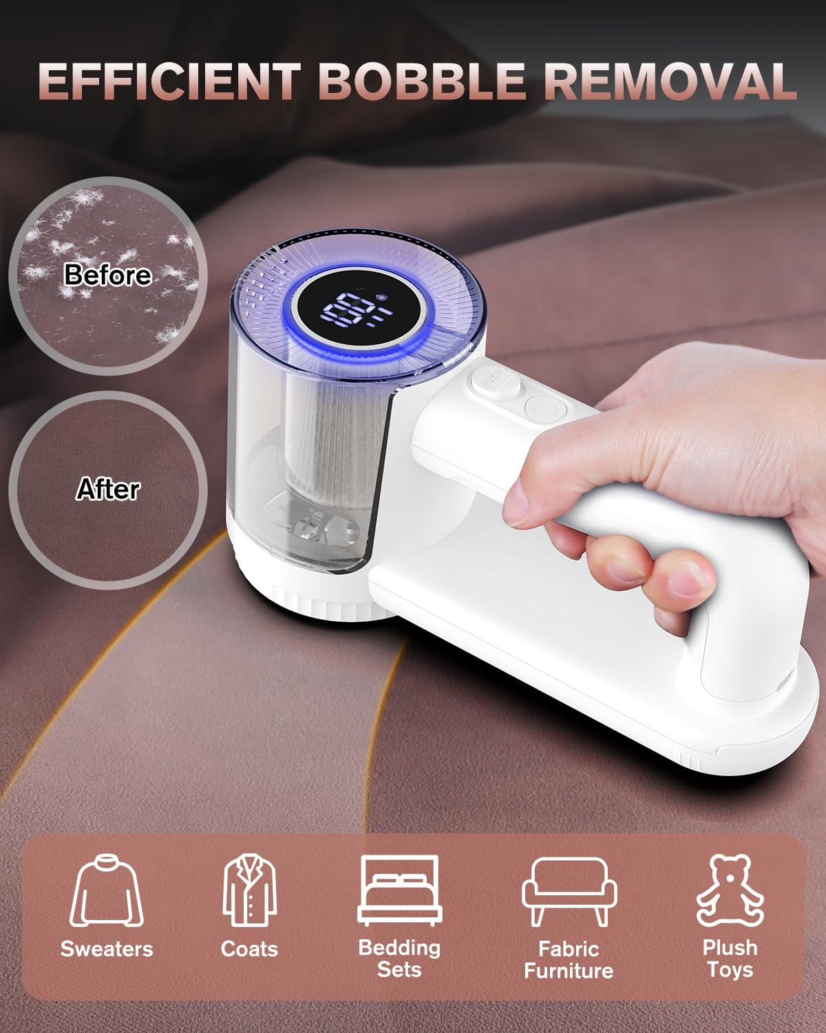 Homtronics Electric Lint Remover in use on fabric, showing before and after results