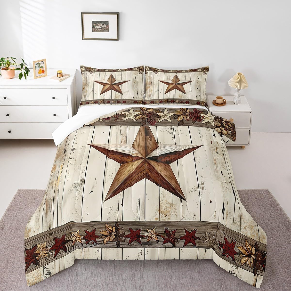 Manfei West Texas Star Comforter Set Queen Size, Rustic Farmhouse Quilt Set with 2 Pillowcases, Grey Wooden Plank Bedding Set 3pcs for Kids Boys Teens Room Decor, Lightweight Duvet Insert