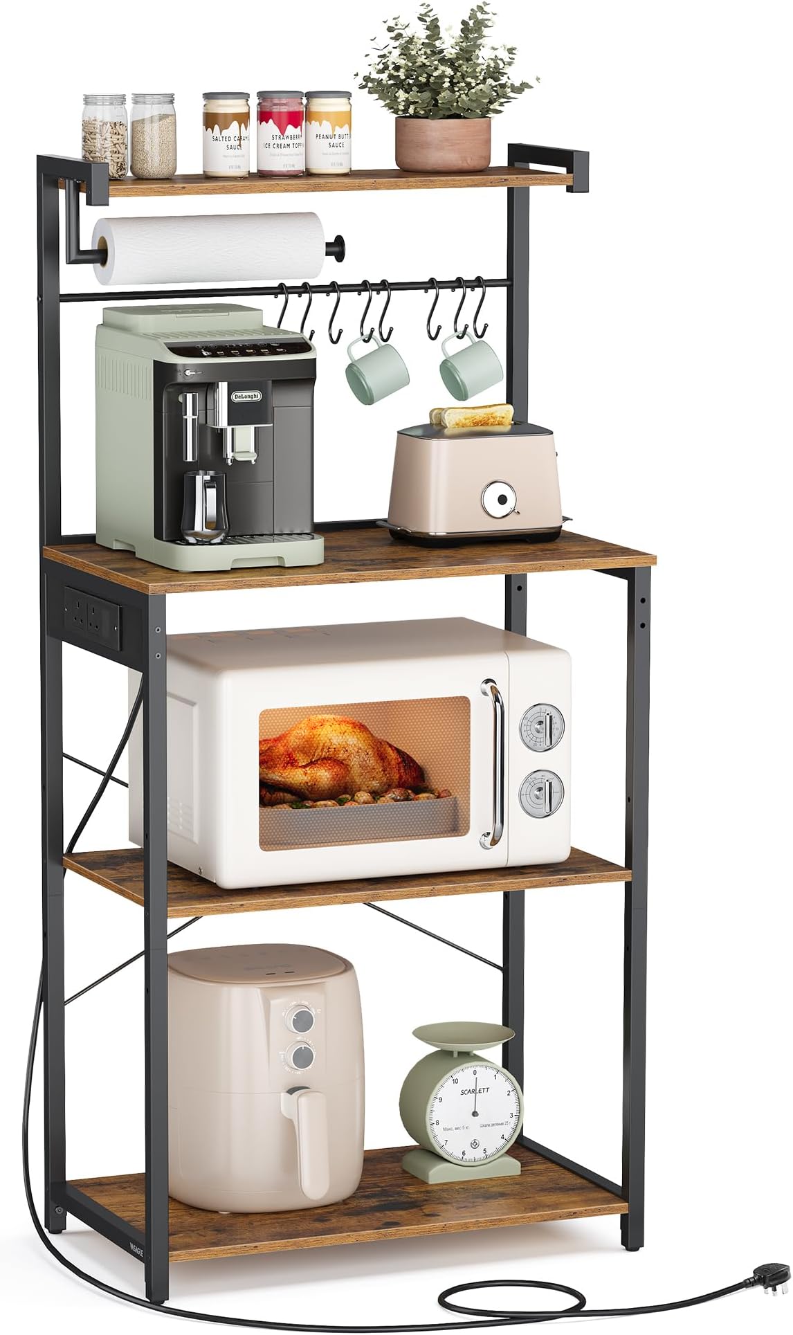 VASAGLE Kitchen Bakers Rack with Power Outlet, 4-Tier Coffee Bar with Adjustable Shelf, Microwave Stand, Paper Towel Holder, 40 x 60 x 140 cm, Rustic Brown and Ink Black KKS014K03
