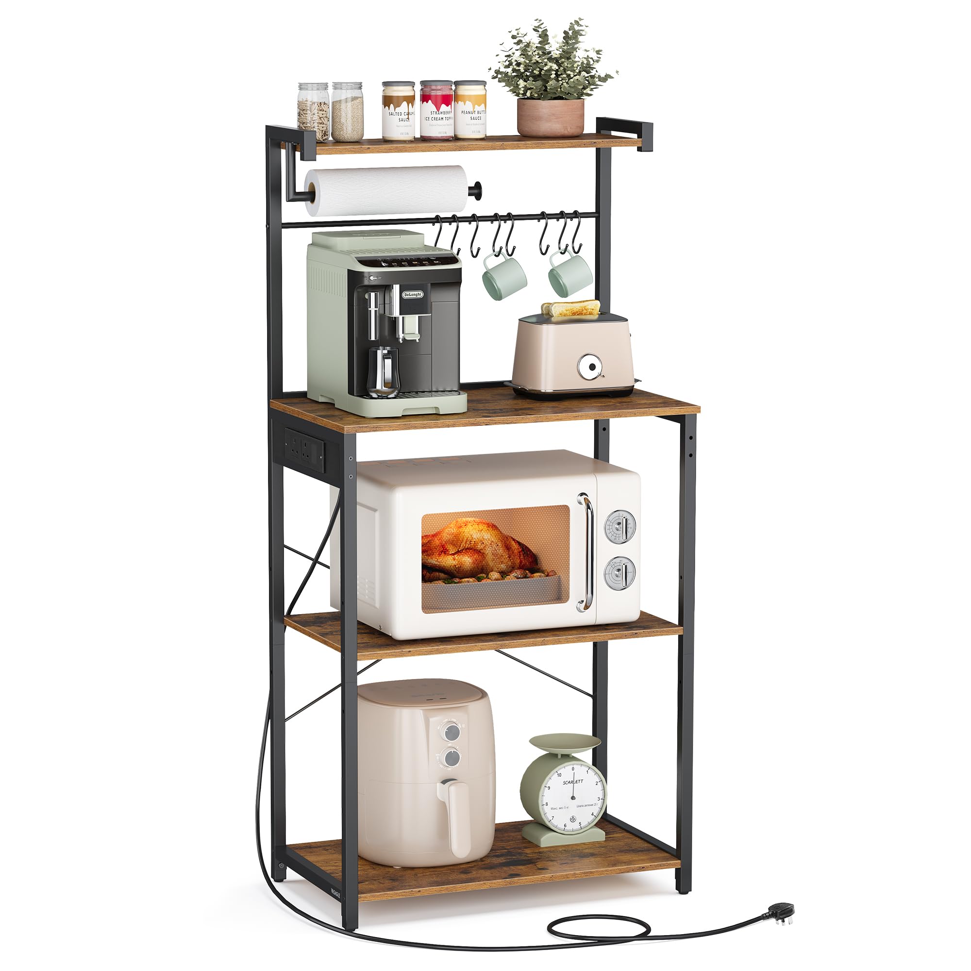 Kitchen Bakers Rack with Power Outlet, Rustic Brown + Ink Black