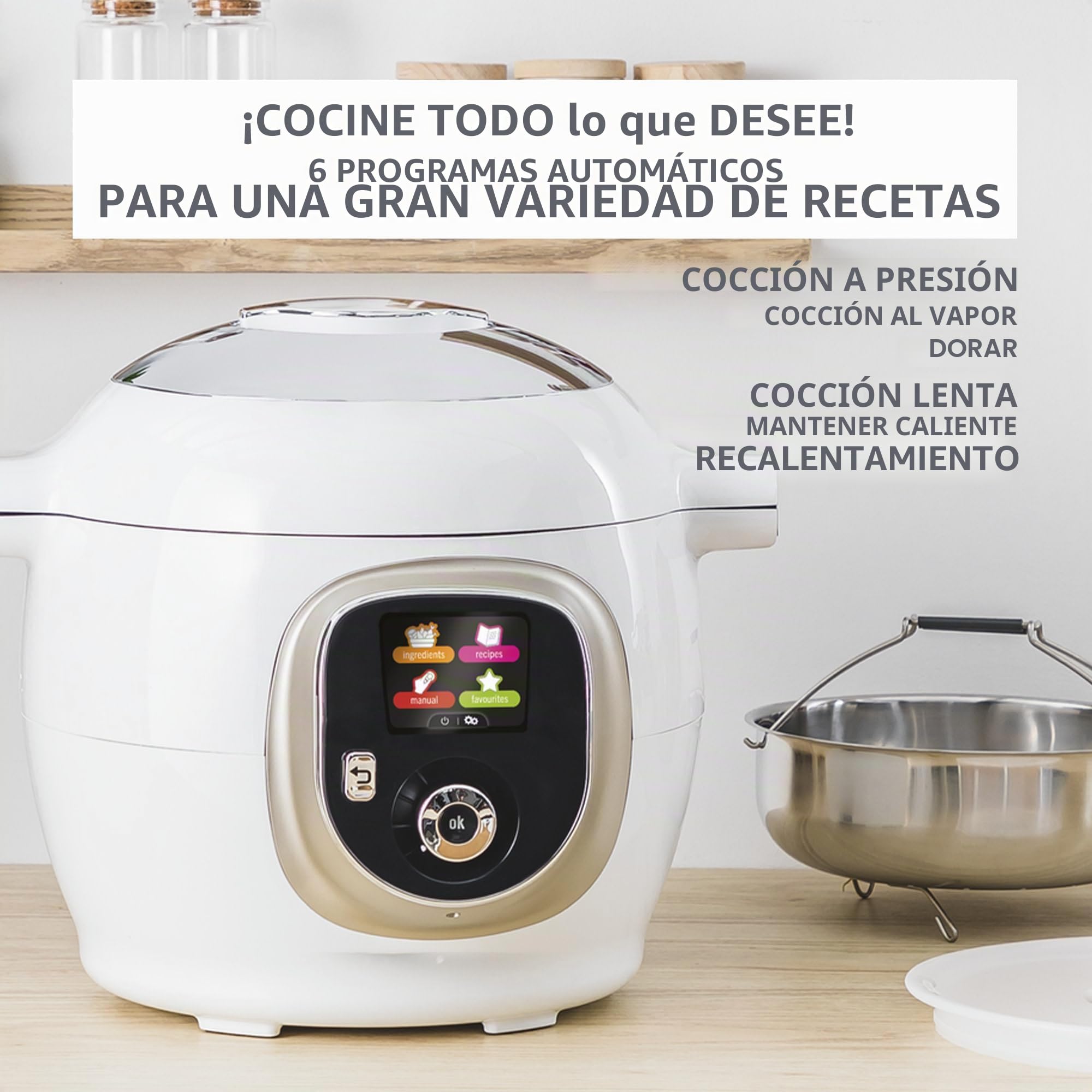 Moulinex, Cookeo - Multicooker inteligente 6L, 150 recetas integradas, cocción sin vigilancia, pantalla intuitiva, guía de cocción, aplicación MyMoulinex, 1600 W, blanco, 15 años reparabilidad
