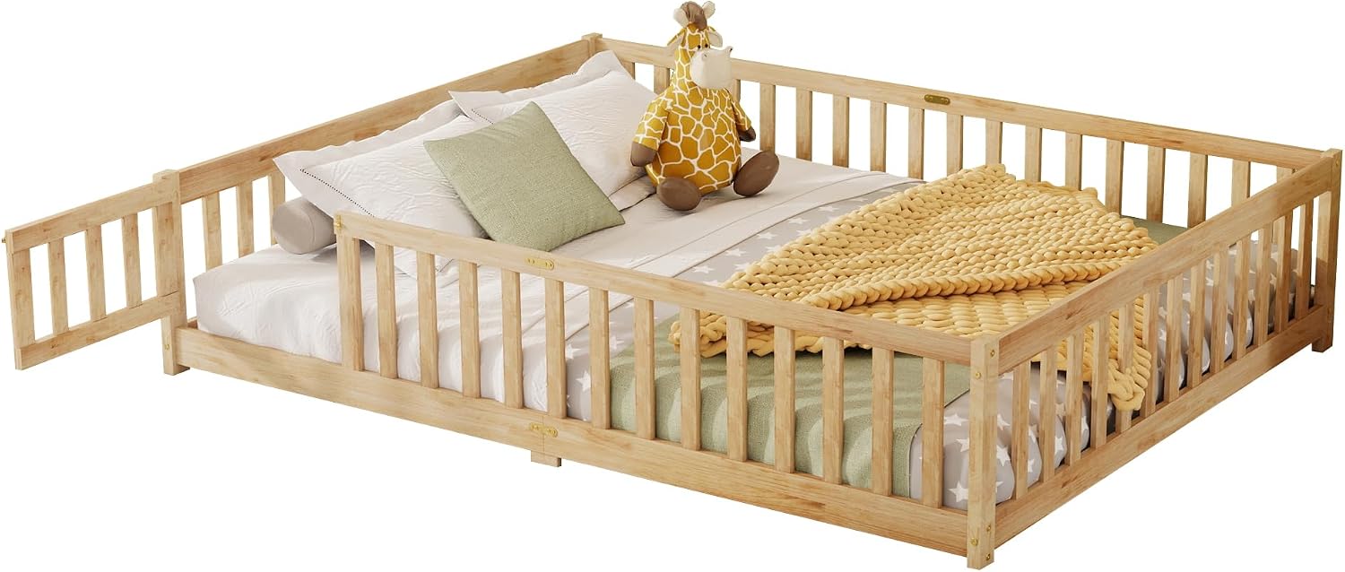Harper & Bright Designs Queen Size Floor Bed with Fence and Door, Wood Montessori Floor Bed Frame for Kids, Boys Girls, Slats Included, No Box Spring Needed (Natural)