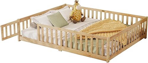 Miniatura 118 de Harper & Bright Designs Cama de suelo tamaño Queen con valla y puerta, marco de cama Montessori de madera para niños, niñas, listones incluidos, no