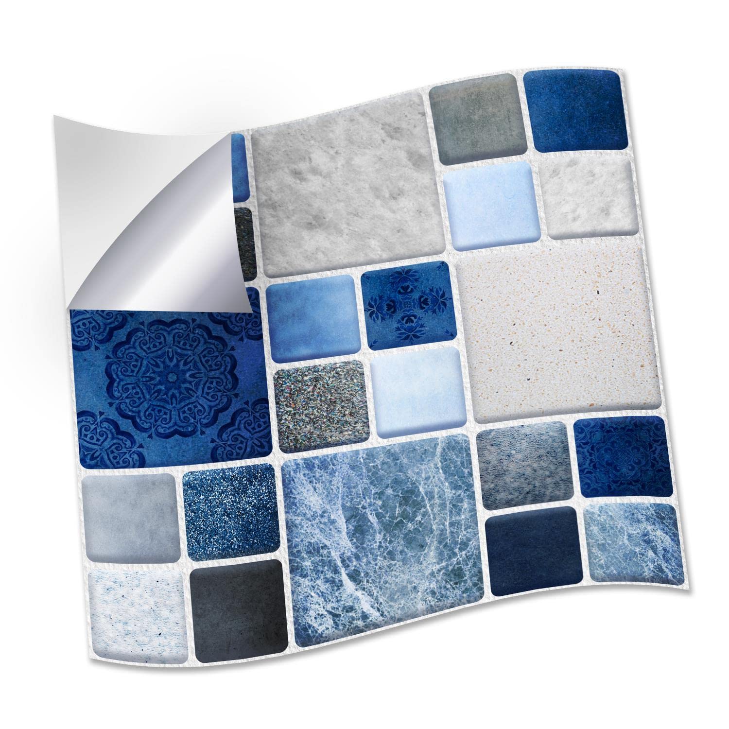 WALPLUS 24pcs 15x15cm Stone Selection Blue and Grey Mosaic Wall Tile Sticker Set Aluminium Film Peel and Stick Backsplash Decals Home Decors Splashback for Kitchen Bathroom Tiles Paint Stick on Wall