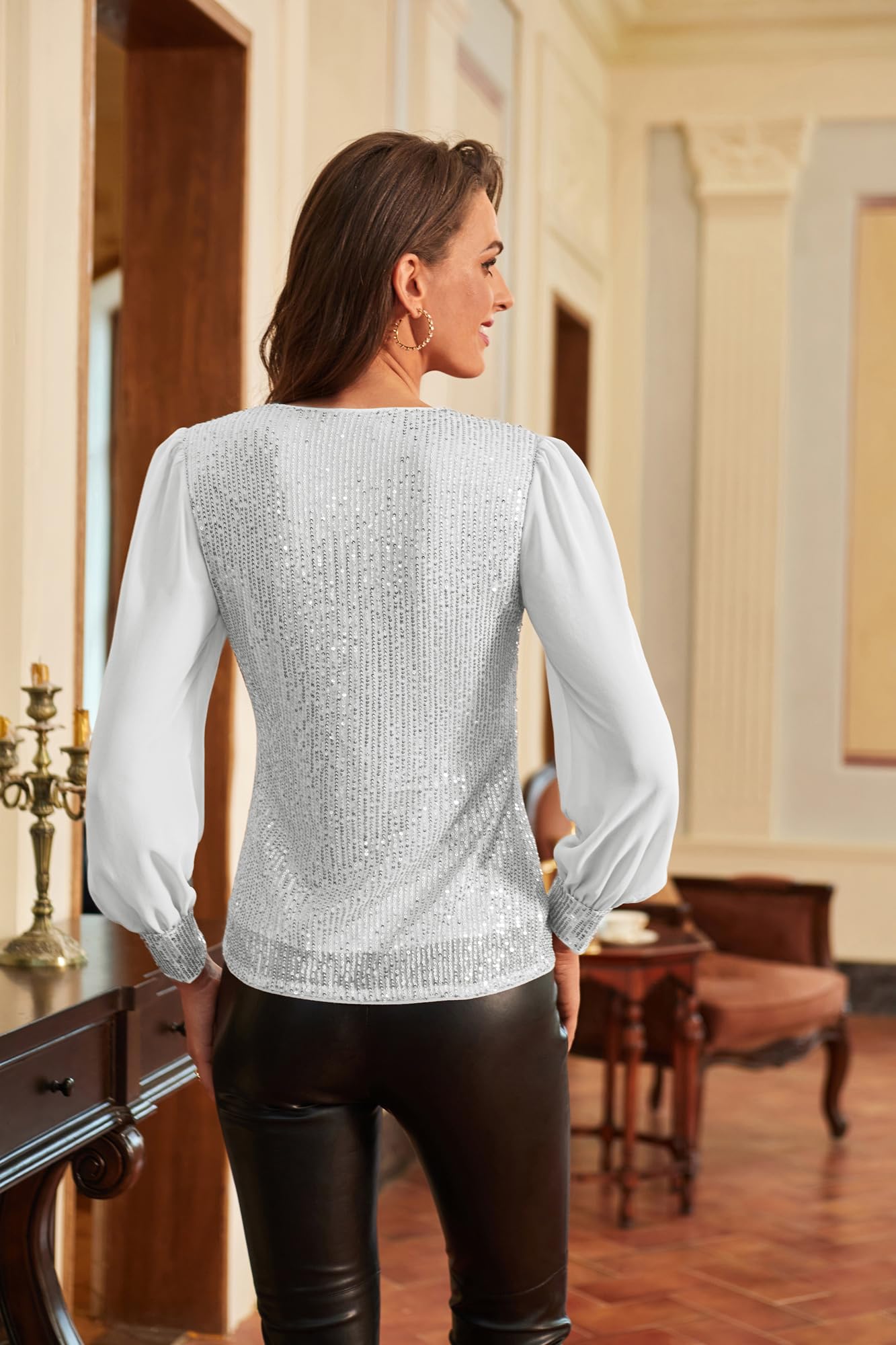 GRACE KARIN Femme Haut de Soirée à Paillettes Col V Manches Longues en Mousseline Pullover