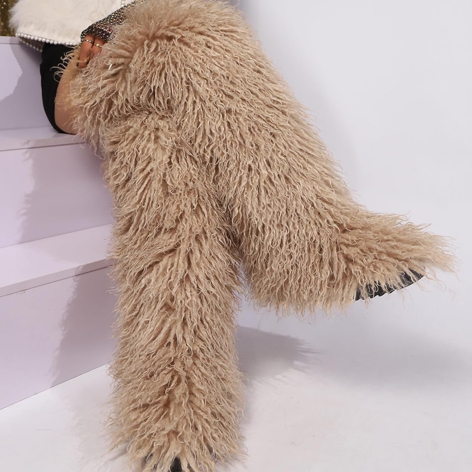 Black Thigh High Fur Boots, Over the Knee Fluffy High Boots, Tall Furry shoes for Women - Image 2