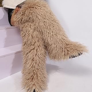 YFJNV Black Thigh High Fur Boots for Women - Over the Knee Fluffy Faux Fur Tall Boots, Cozy Winter Snow Shoes