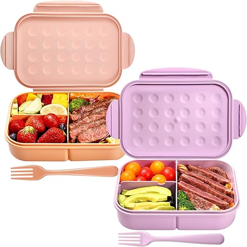Jeopace Lonchera Bento para adultos, lonchera Bento con 3 compartimentos, apta para microondas (cubiertos incluidos, morado y naranja)