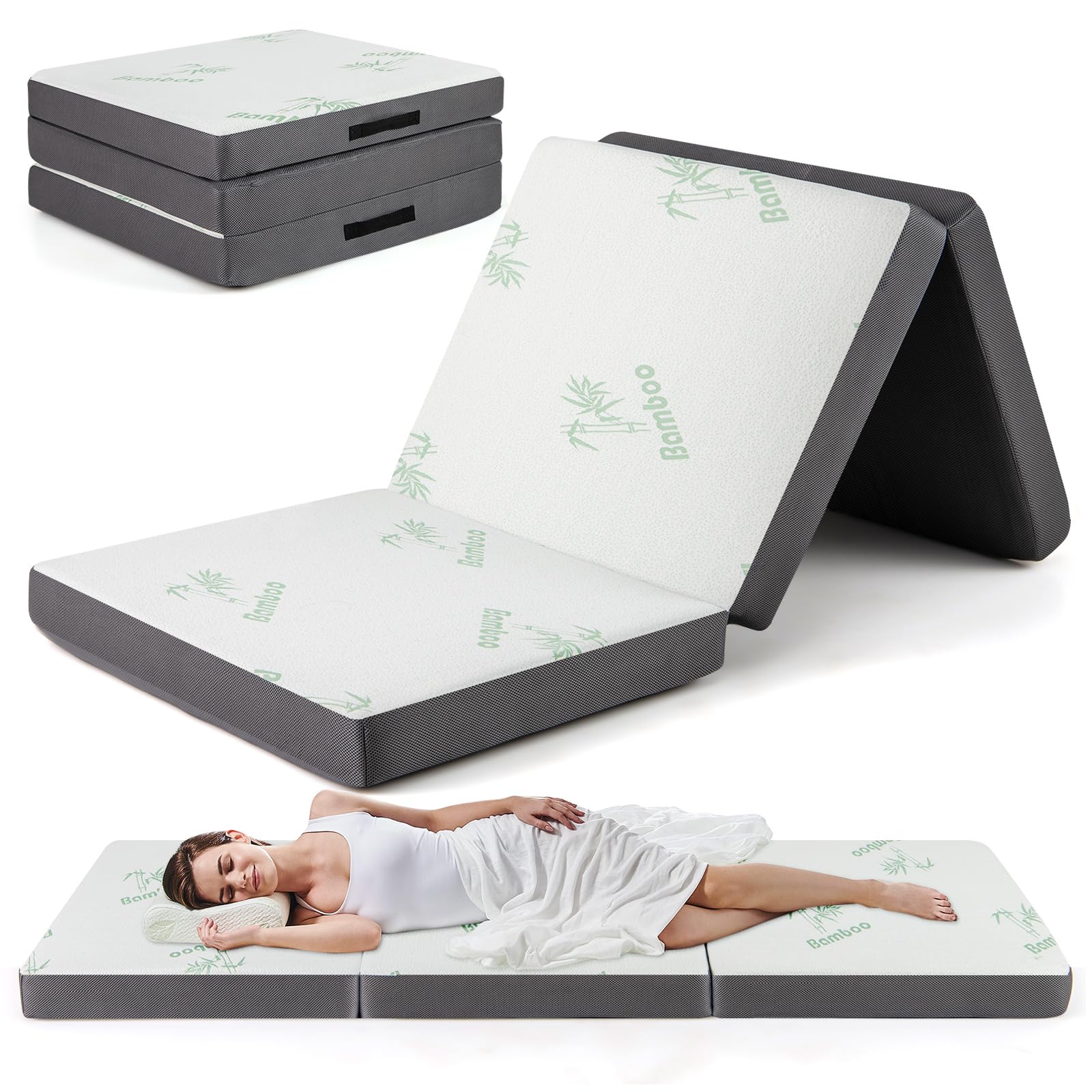 COSTWAY 10cm Thick Tri Folding Mattress, Single Foam Floor Mattress with Bamboo Fiber Cover and Mesh Border Fabric, Portable Foldable Mattress Guest Bed Mat for Camping, RV and Bedroom, 200x80cm