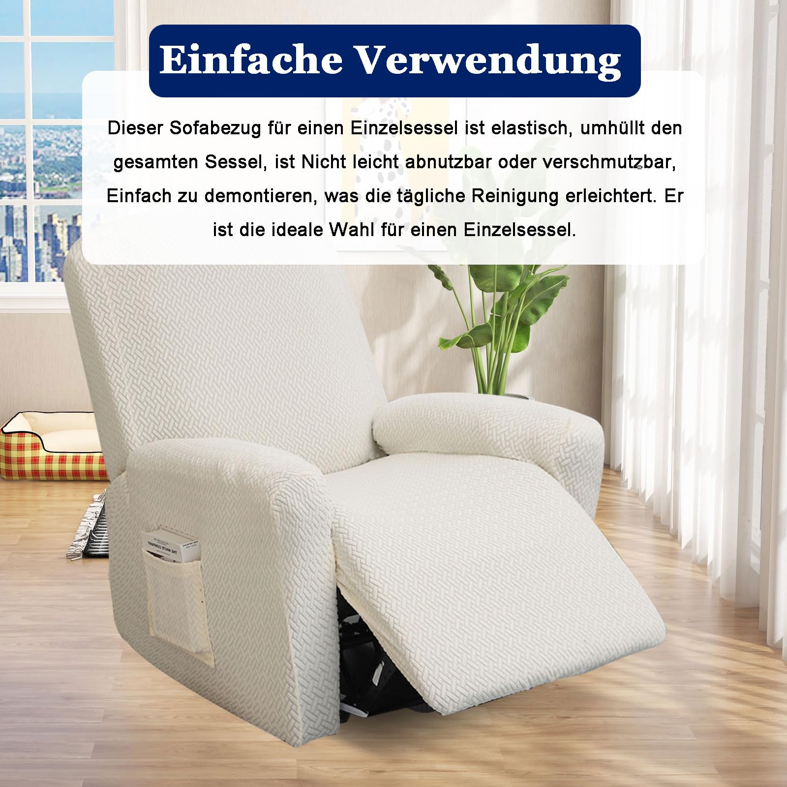 Fodere per poltrona, 4 pezzi, elasticizzato, con tasche, lavabile, elasticizzato, per poltrona relax (beige)