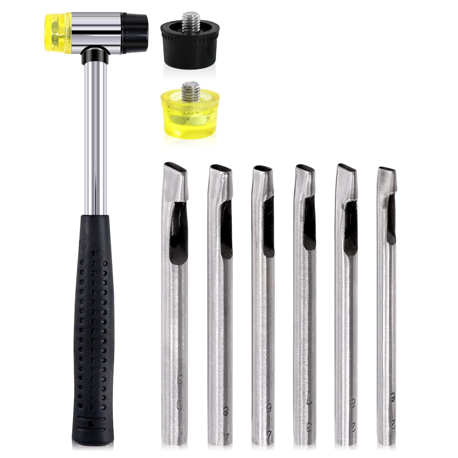 9Pcs Oval Hole Punch Set with Rubber Hammer Assortment Kit, 6 Sizes Hollow Punch Cutter Tool and Double-Faced Soft Hammer Mallet with Replacement Head Kit for Leather Belt Watch Band Craft