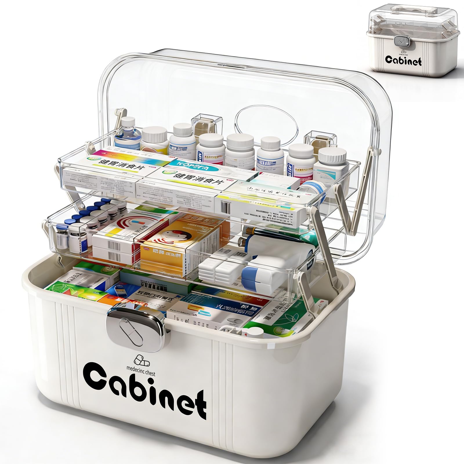 Caja Medicamentos & Medicine Organizer – Caja Almacenaje Plástico 3 Niveles con Asa, Gran Capacidad para Hogar, Viajes, Uso Diario (31.5 x 22.5 x 21.5 cm)