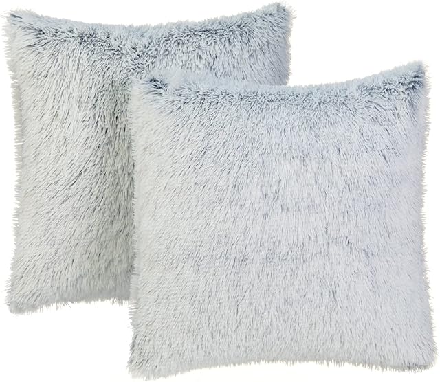 iHeroo Cushion Covers 50x50, Double-sided Fluffy Plush Set of 2 Pillow Covers, Super Soft Faux Fur Throw Pillow Case, Cushion Covers 20 x 20 Inches For Sofa White-Grey