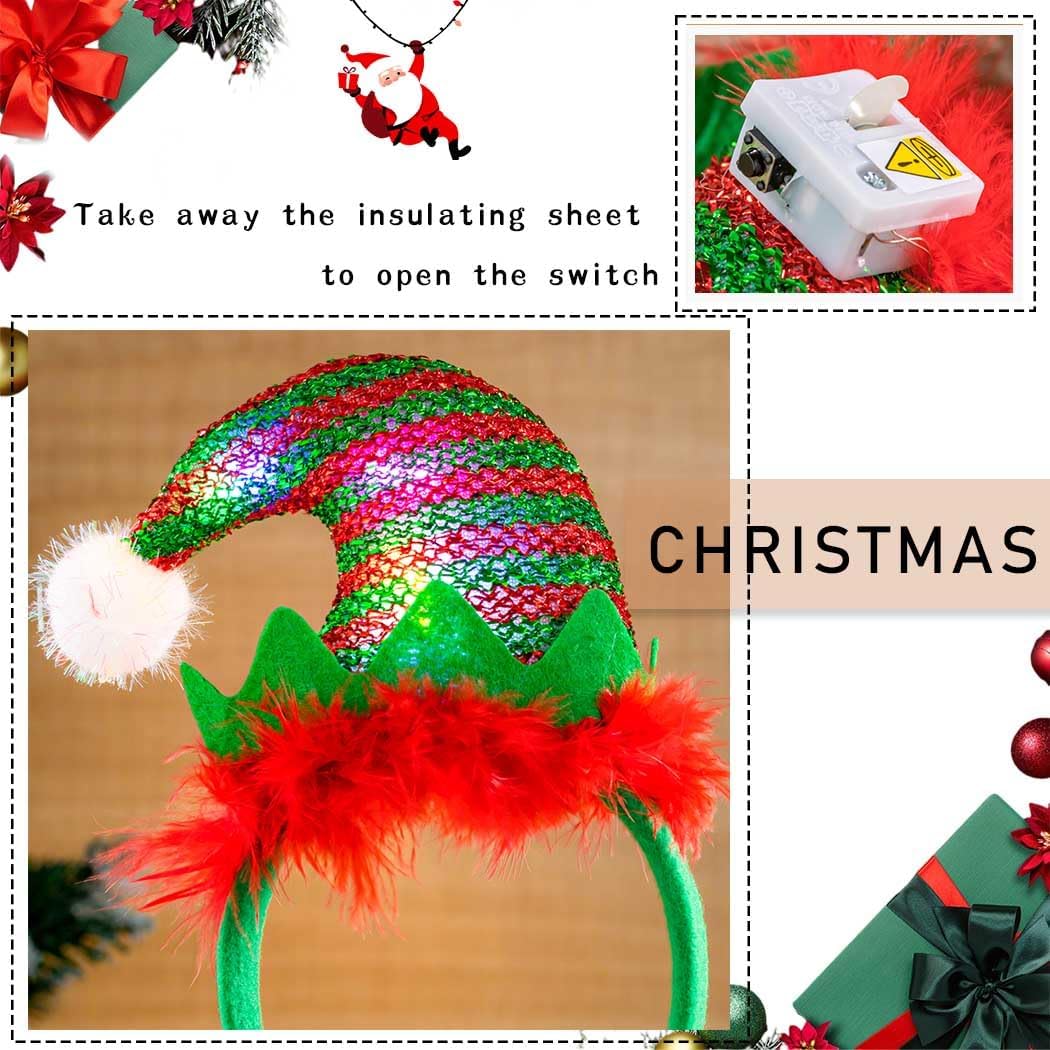 Christmas Headband Light Up Elf Hat Hairbands Santa Hat Headpieces Glitter Festival Hair Accessories for Women - Image 3