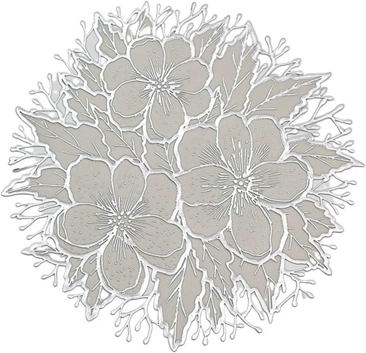Gold White Place Mats Pressed Plum Flowers Round Table Mats Washable for Dining Table Holiday Decorations(Silver,6PCS)