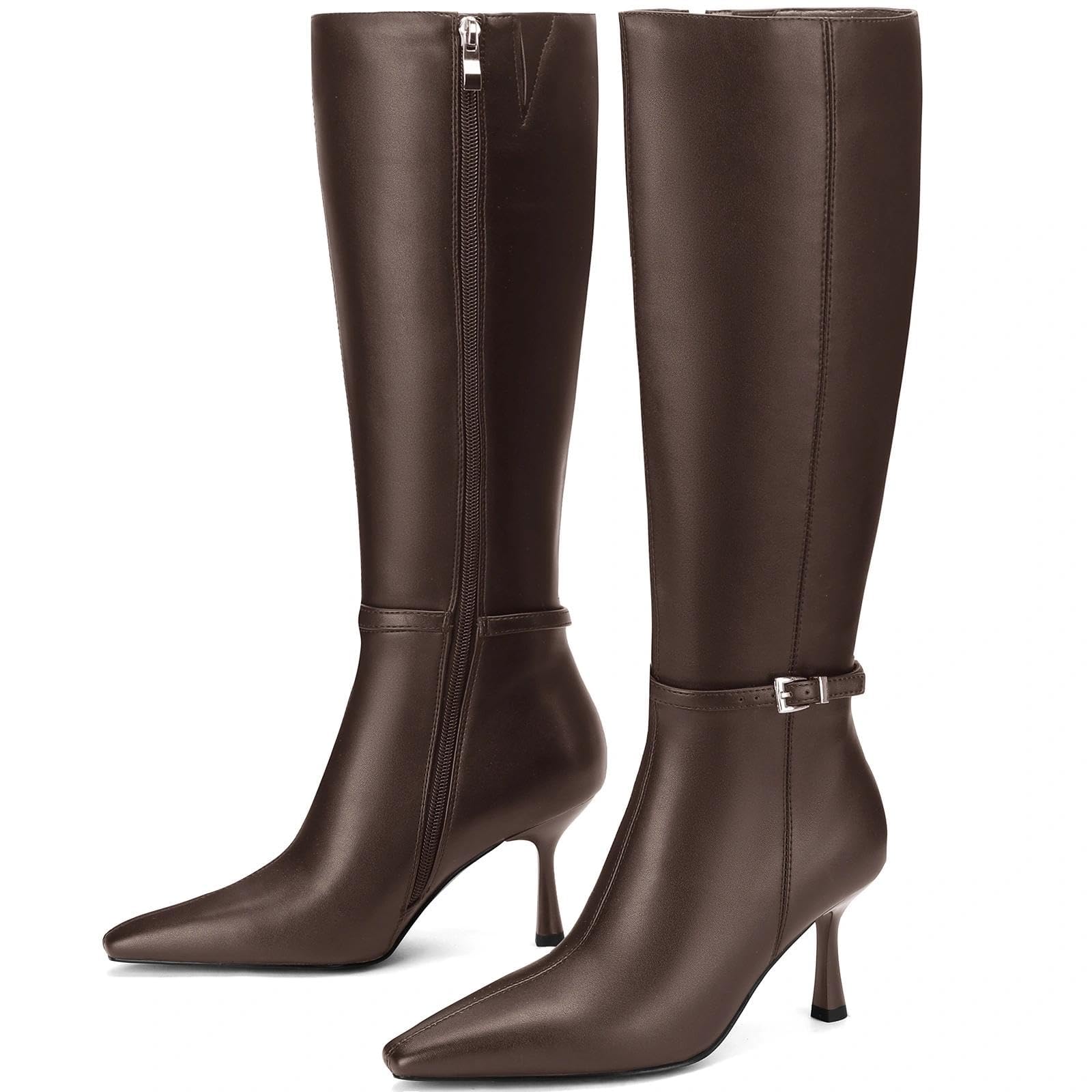 Knee High Boots Women Faux Leather Pointed Toe Stiletto Low Heel with Side Zipper Sophisticated Tall Boots for