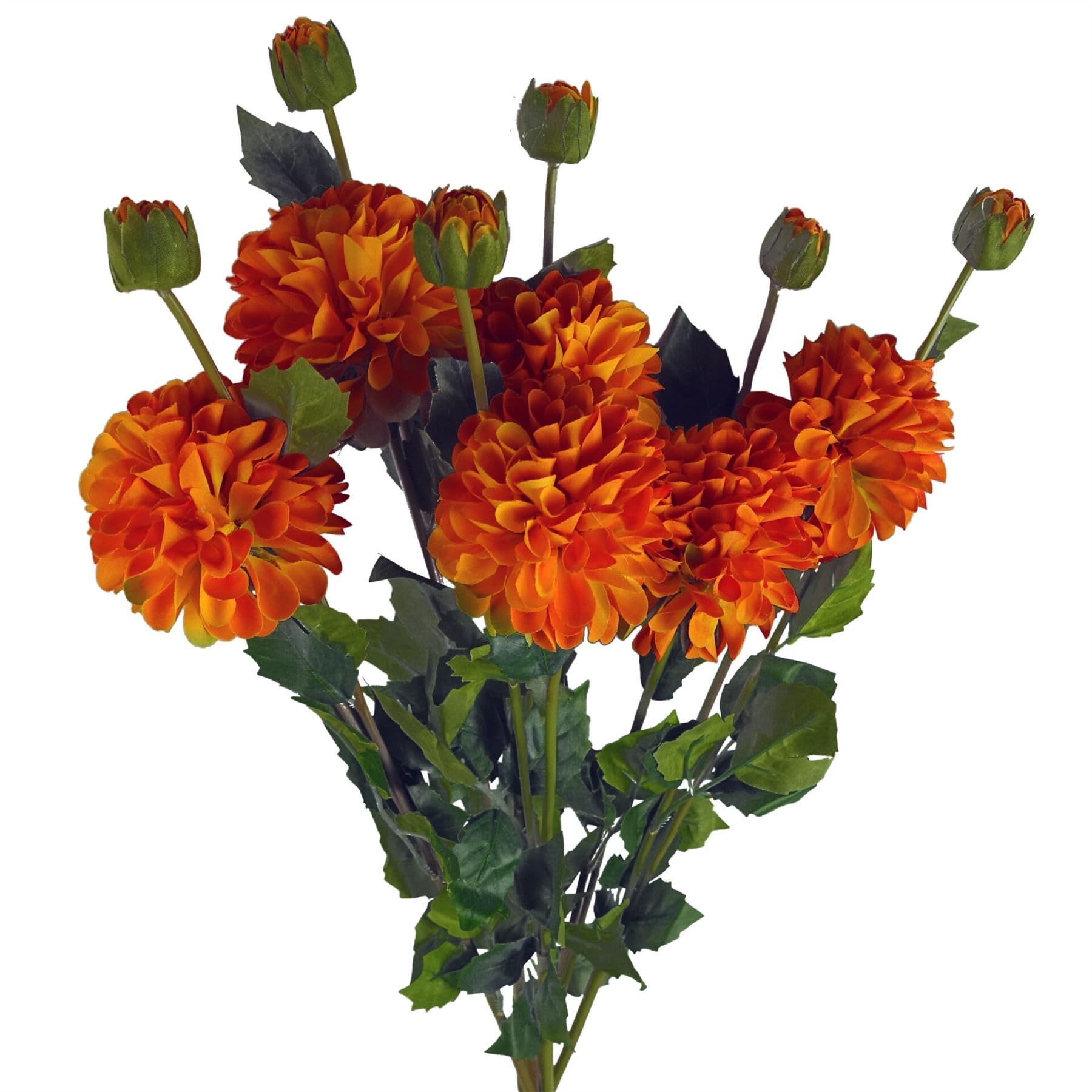 Leaf Orange Dahlia Pom Pom Artificial Flower Stem - 75cm - Pack of 6