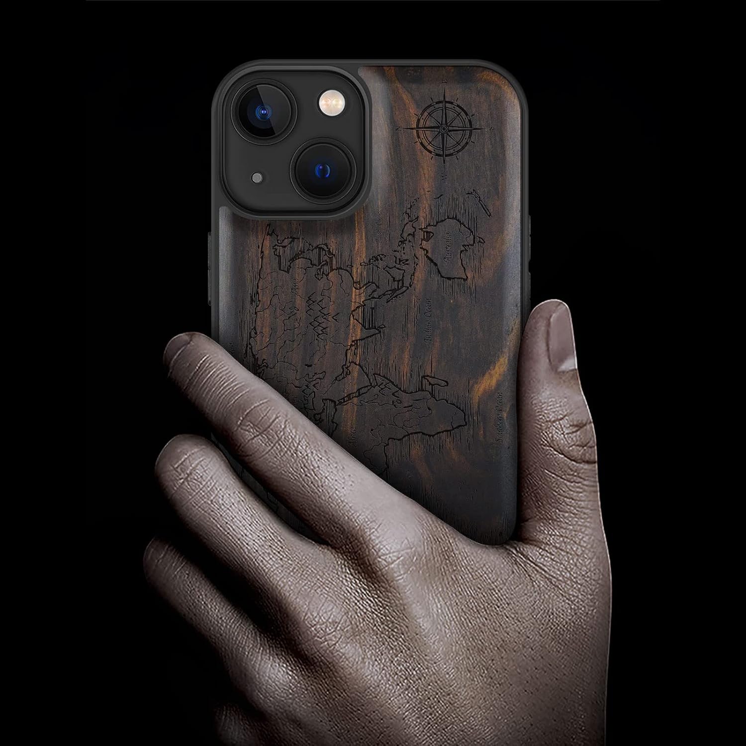 Carveit Magnetic Wood Case for iPhone 13 Case [Natural Wood & Black Soft TPU] Unique & Classy Wooden Shockproof Protective Cover Compatible with magsafe (Compass Maps -Blackwood)