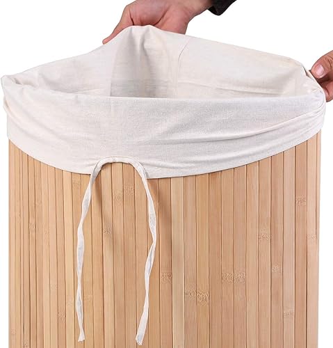 Miniatura 6 de GOFLAME Cesta esquinera de bambú para la ropa sucia con tapa y forro extraíble, cesta de almacenamiento con asa, adecuada para dormitorio, baño,