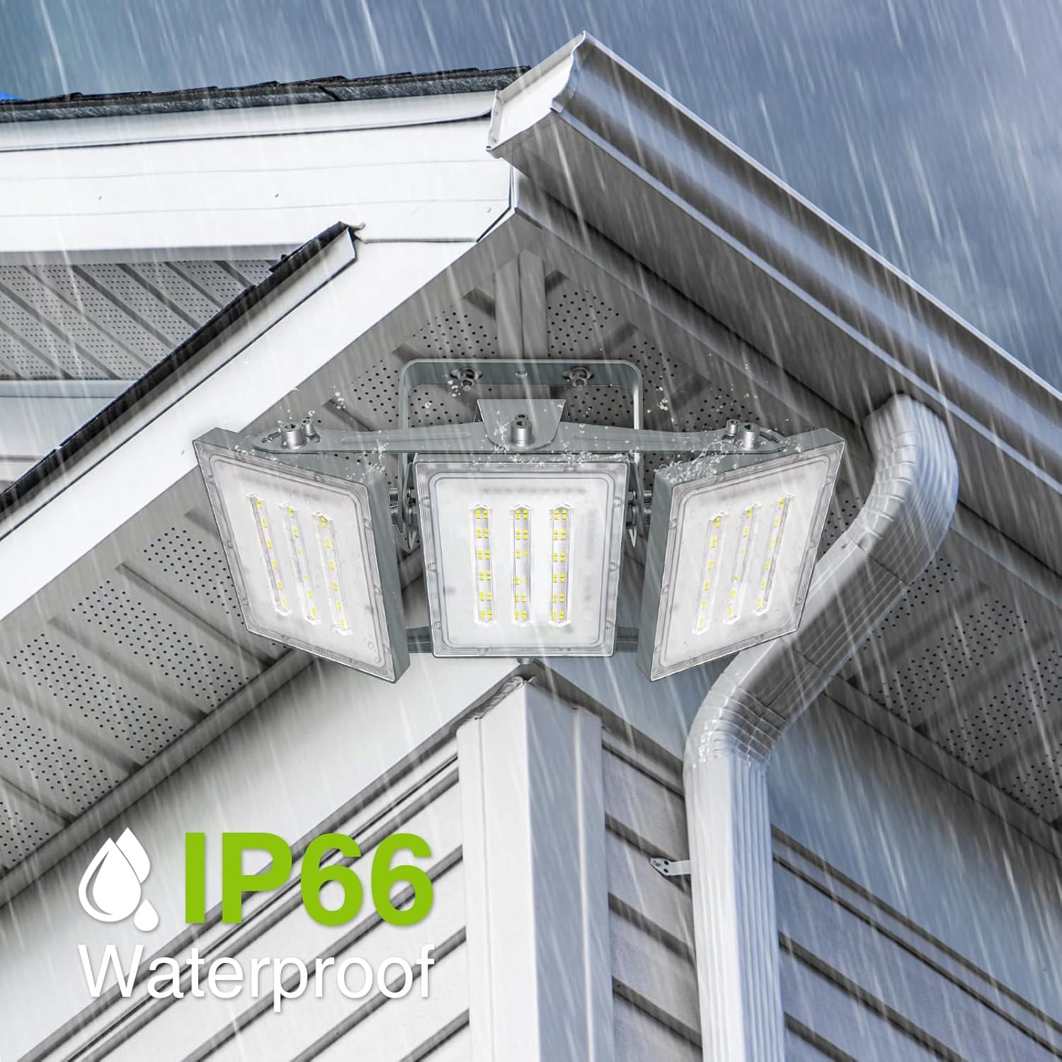 STASUN LED Flood Light installed outdoors during rain, highlighting IP66 waterproof rating.