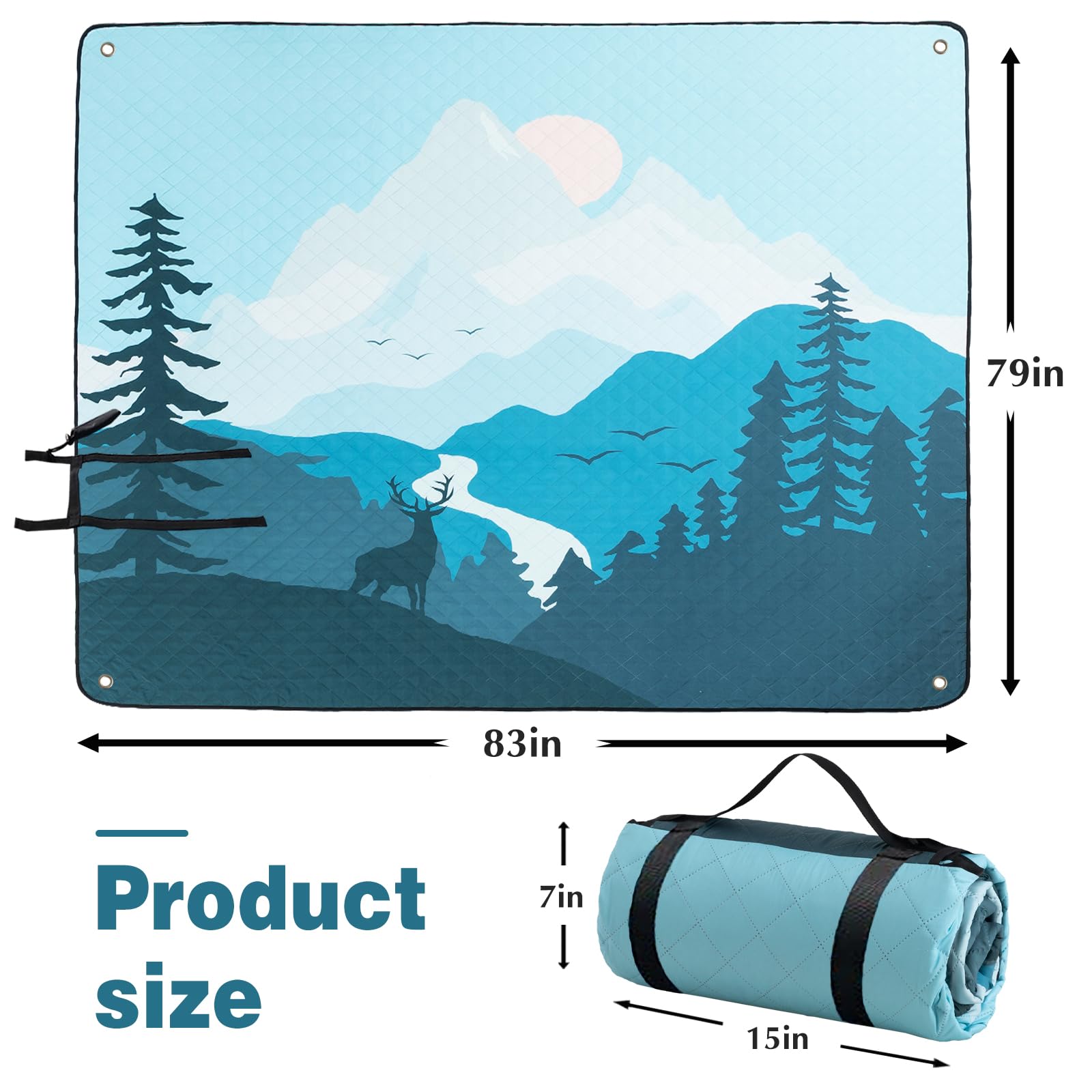 PY SUPER MODE Coperta da picnic impermeabile extra large, 200 x 200 cm, 5 strati, per spiaggia, campeggio, parco, prato, sistema di ancoraggio antivento con paletti, pieghevole, blu e marrone