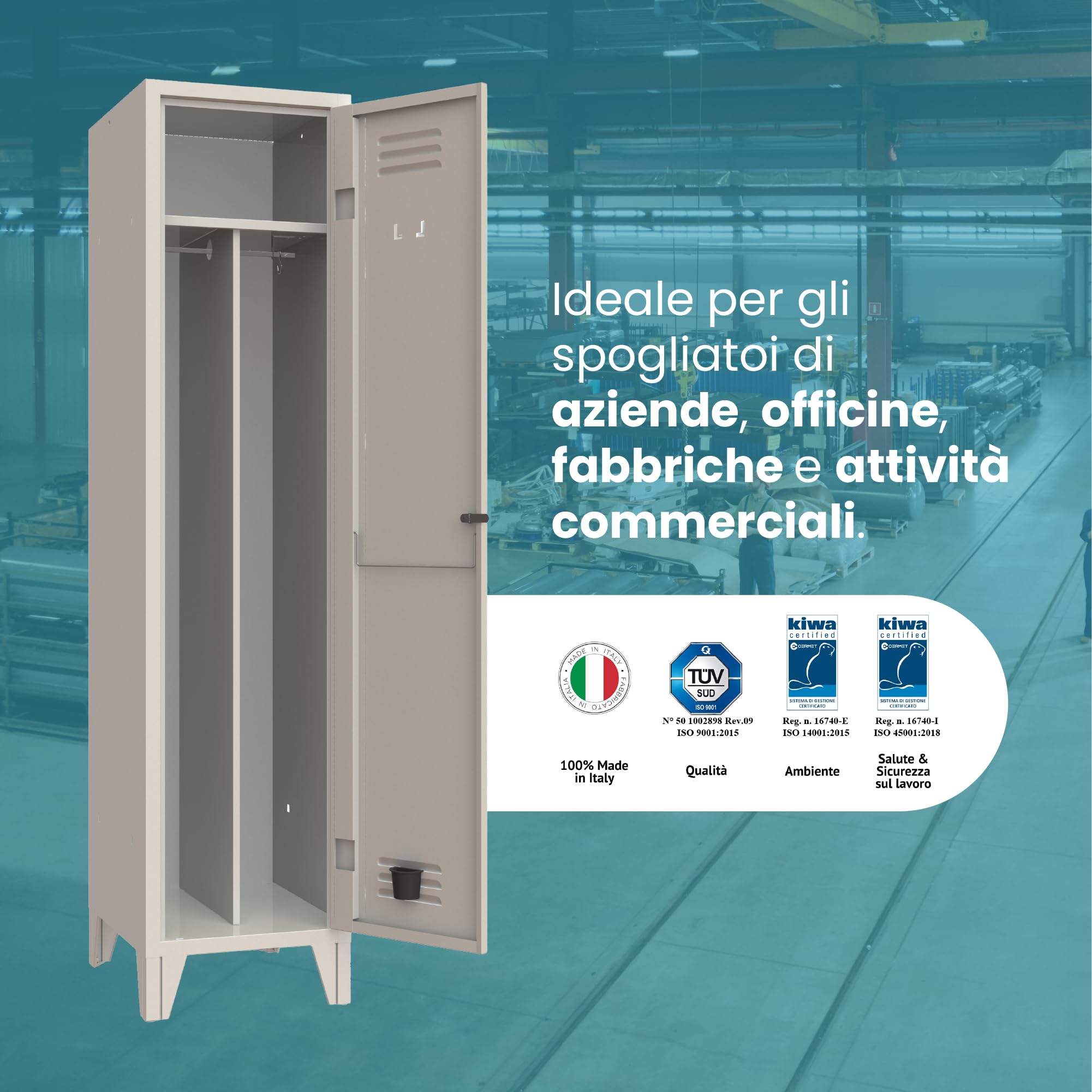 XLOCKERS Armadio Spogliatoio Monoblocco 1 Posto in Metallo Robusto, con Divisorio Sporco e Pulito - 36x33x180cm - Made in Italy