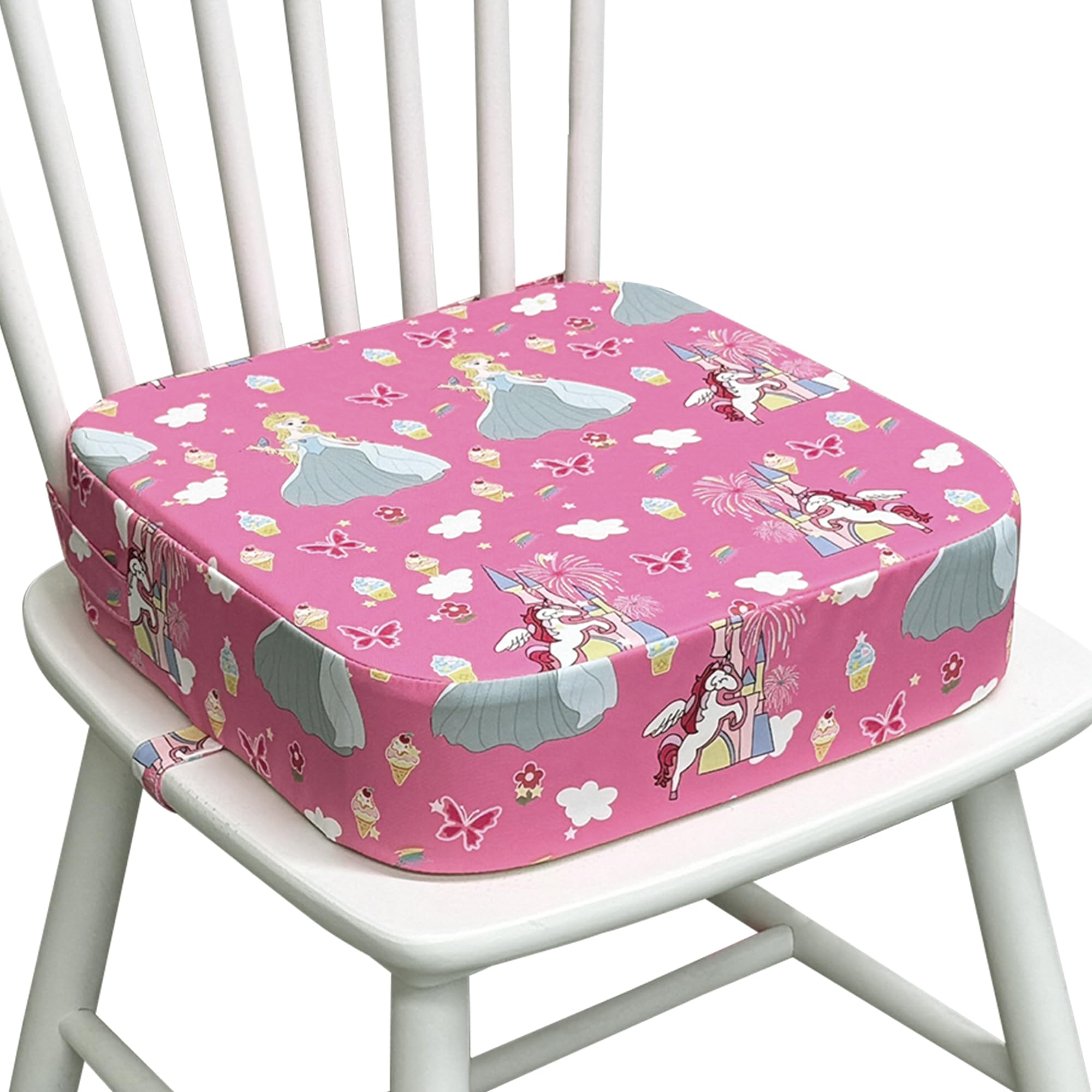 Toddler Booster Seat for Dining Table, Waterproof Kids Booster Seat for Kitchen Chair, High Density Foam Cushion with Non-Slip Bottom, Washable Cover & Adjustable Straps,Pink Castle