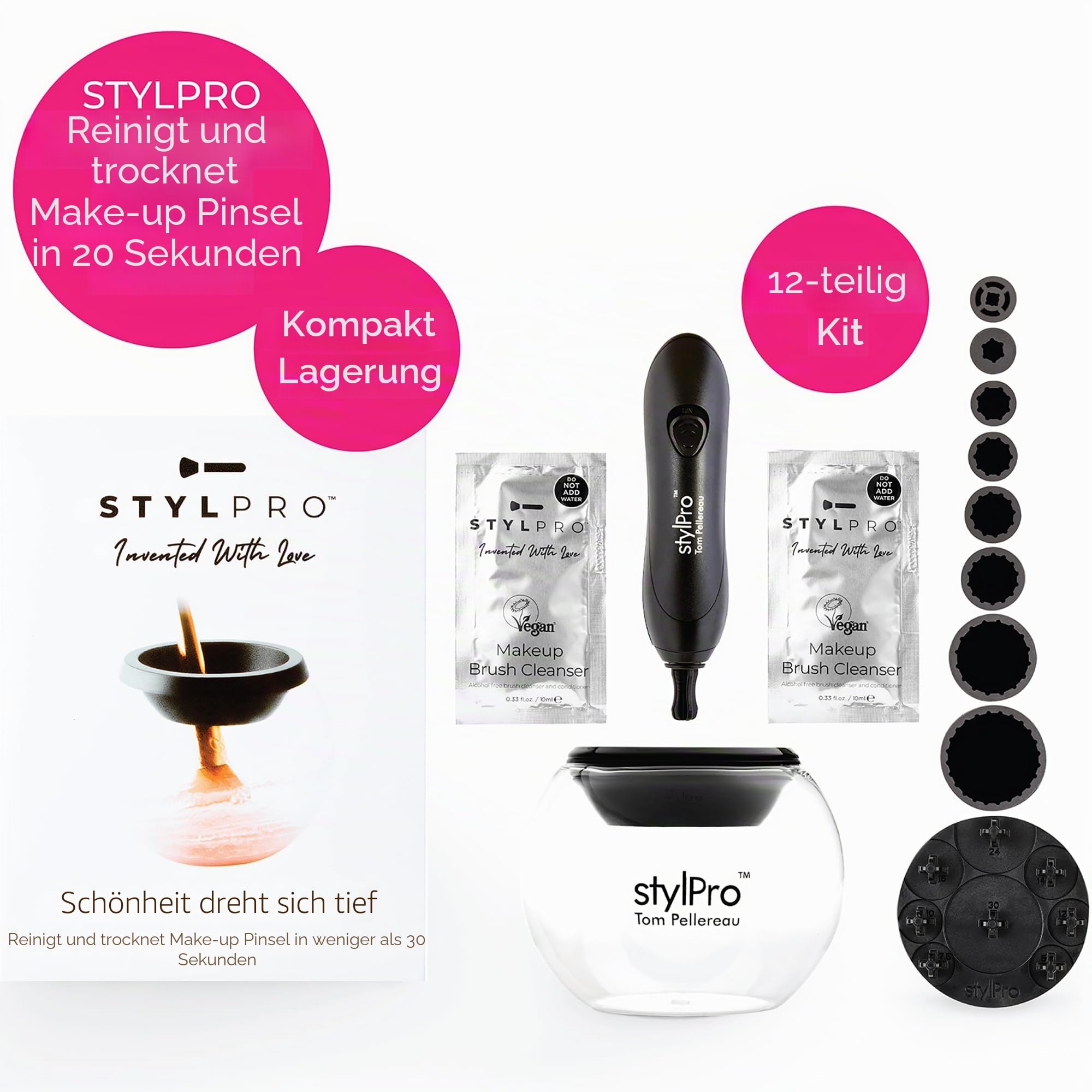 STYLPRO Elektrischer Make-up-Pinselreiniger & Trockner - Reinigt und trocknet gründlich in 30 Sekunden mit schonender Zentrifugaltechnik. Für alle Pinselgrößen geeignet, inkl. veganem Reiniger