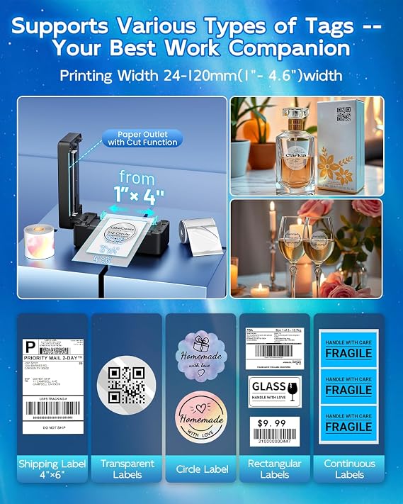 Bluetooth Shipping Label Printer 4x6, Thermal Label Printer for Small Business, Compatible with iOS Android PC, Widely Used for USPS, FedEx, Tiktok