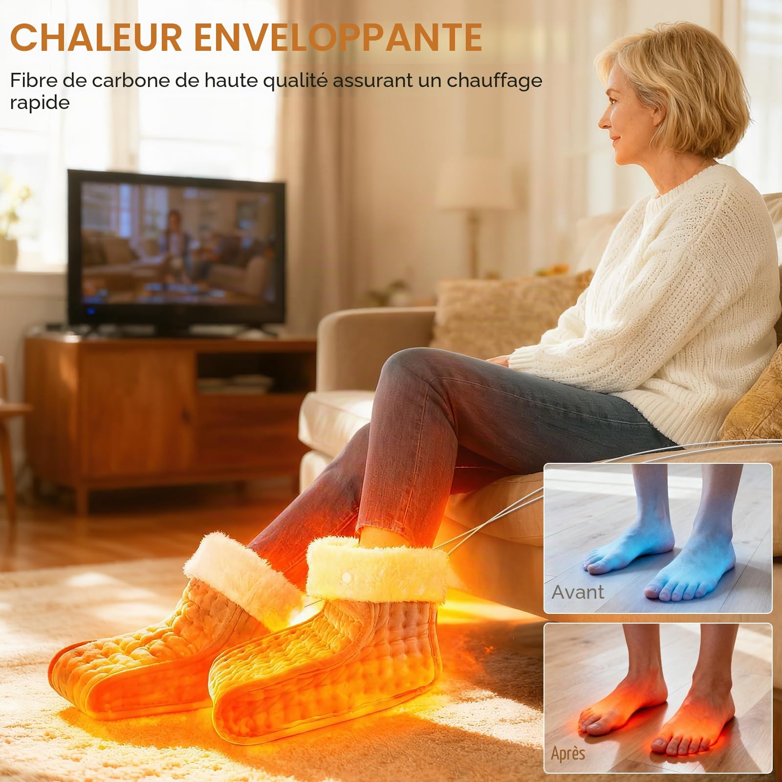 Chauffe-Pieds Électrique, Séparé Chausson Chauffant Electrique avec doublure intérieure lavable, 30℃-70℃ température réglables, 90 minutes Minuteries intelligente, Lavable en Machine