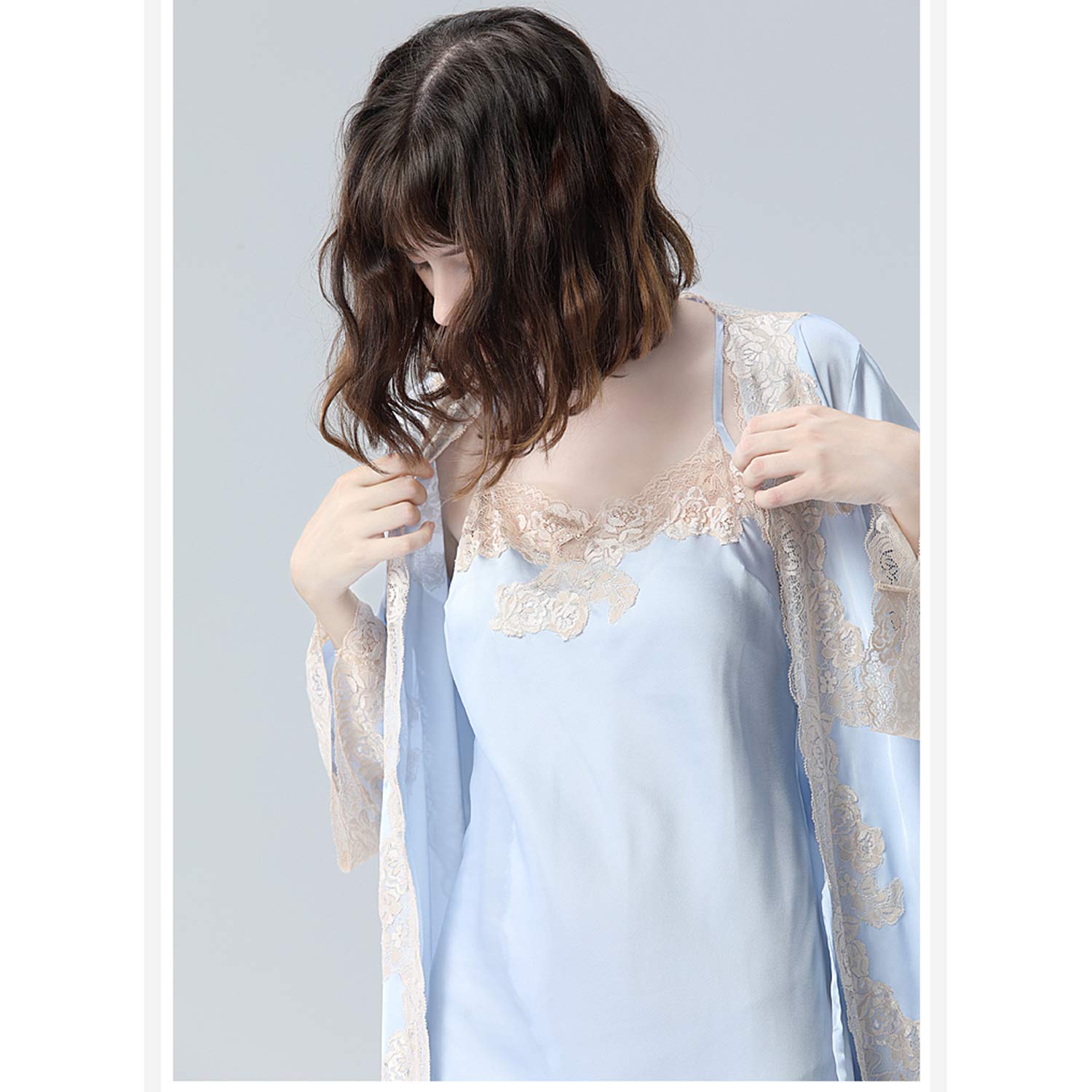 Traje De Kimono De Encaje Azul, Bata Satinada, Pijamas Sueltos con Bata De Baño Y Ropa De Dormir De Verano M