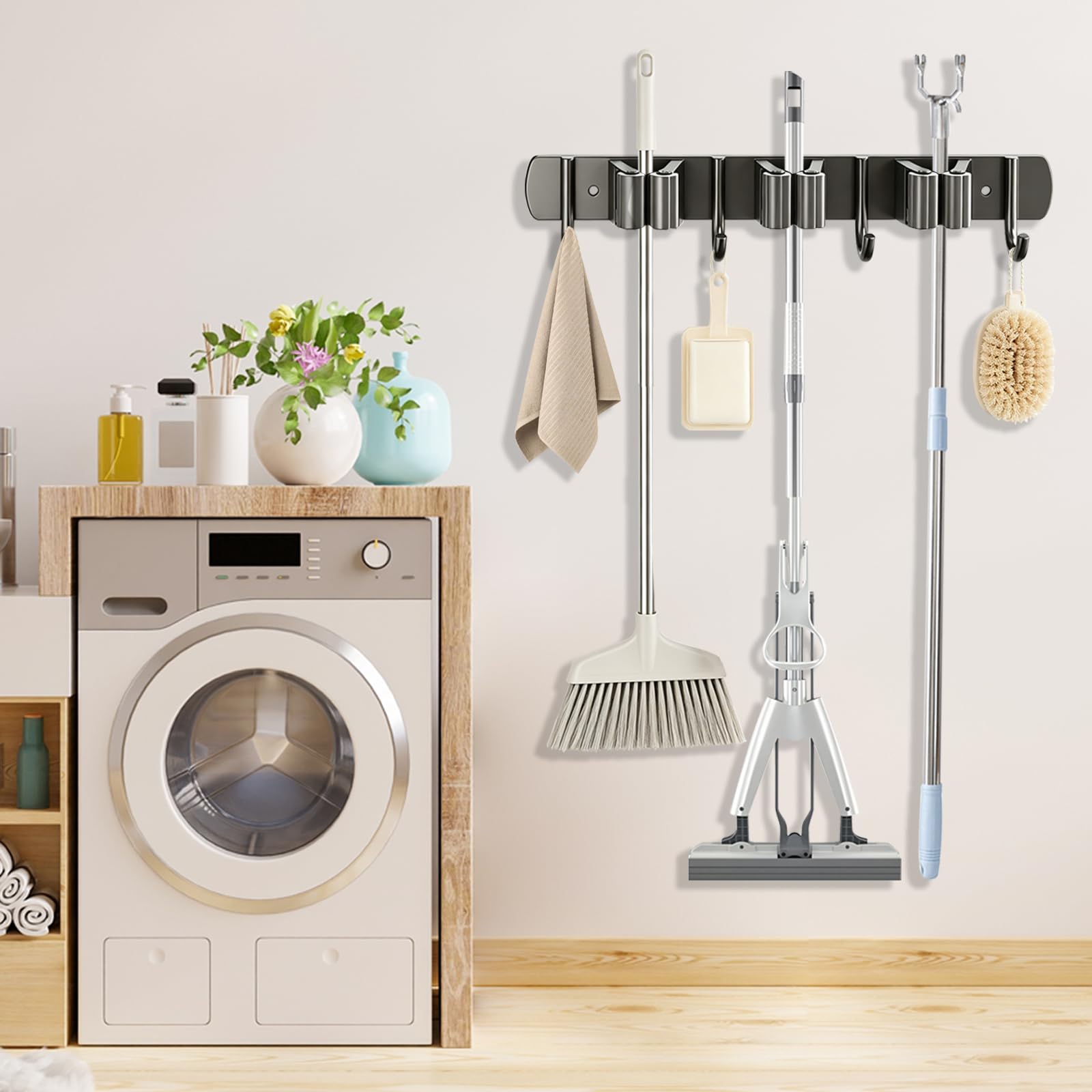 Porta Scope da Parete 3 Supporti con 4 Ganci Portascope da Muro Appendibile in Acciaio Inox Appendi Scope a Muro Adesivo Appendiscope Organizer per Cucina, Garage, Giardino, Terrazza, Bagno